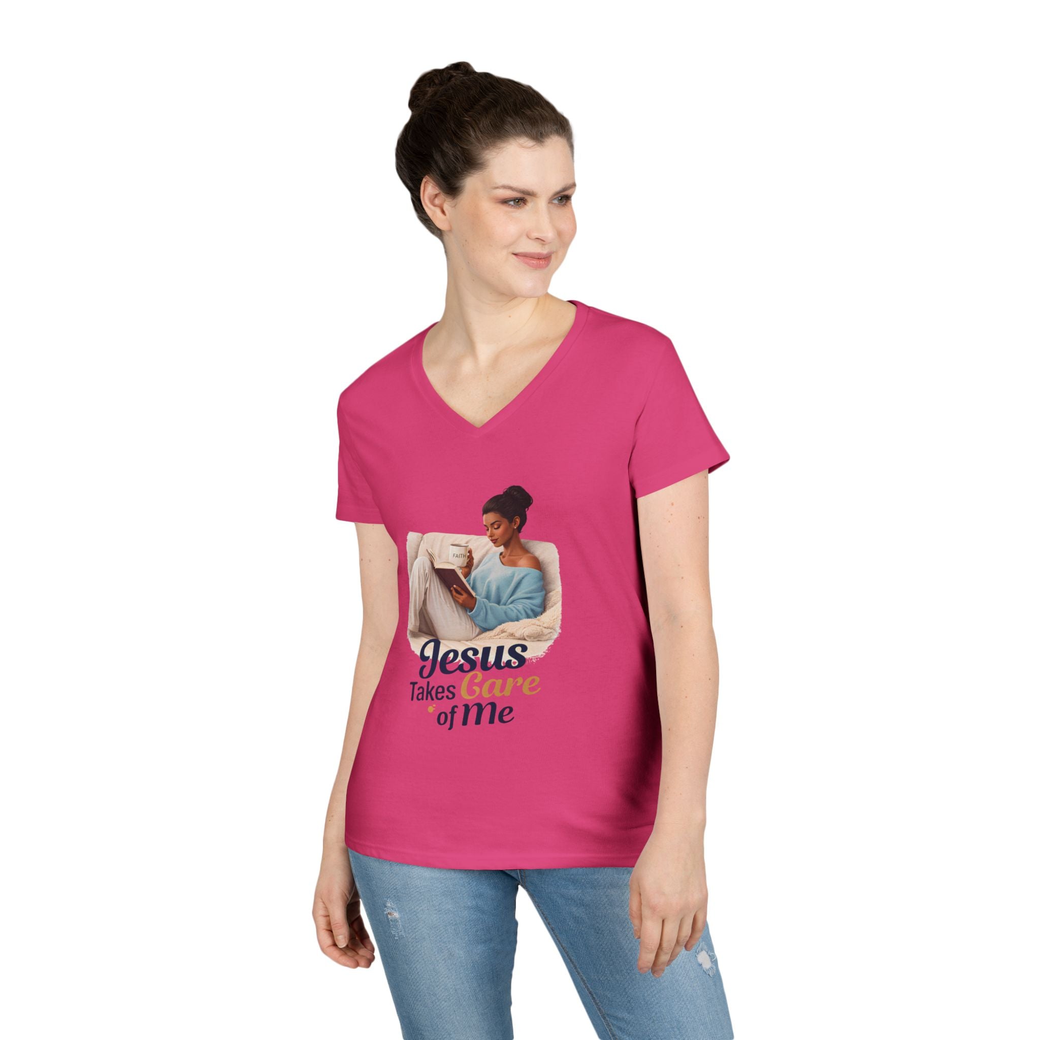 Jesus Takes Care Of Me V-Neck Tee — Christian Inspirational Women's Shirt
