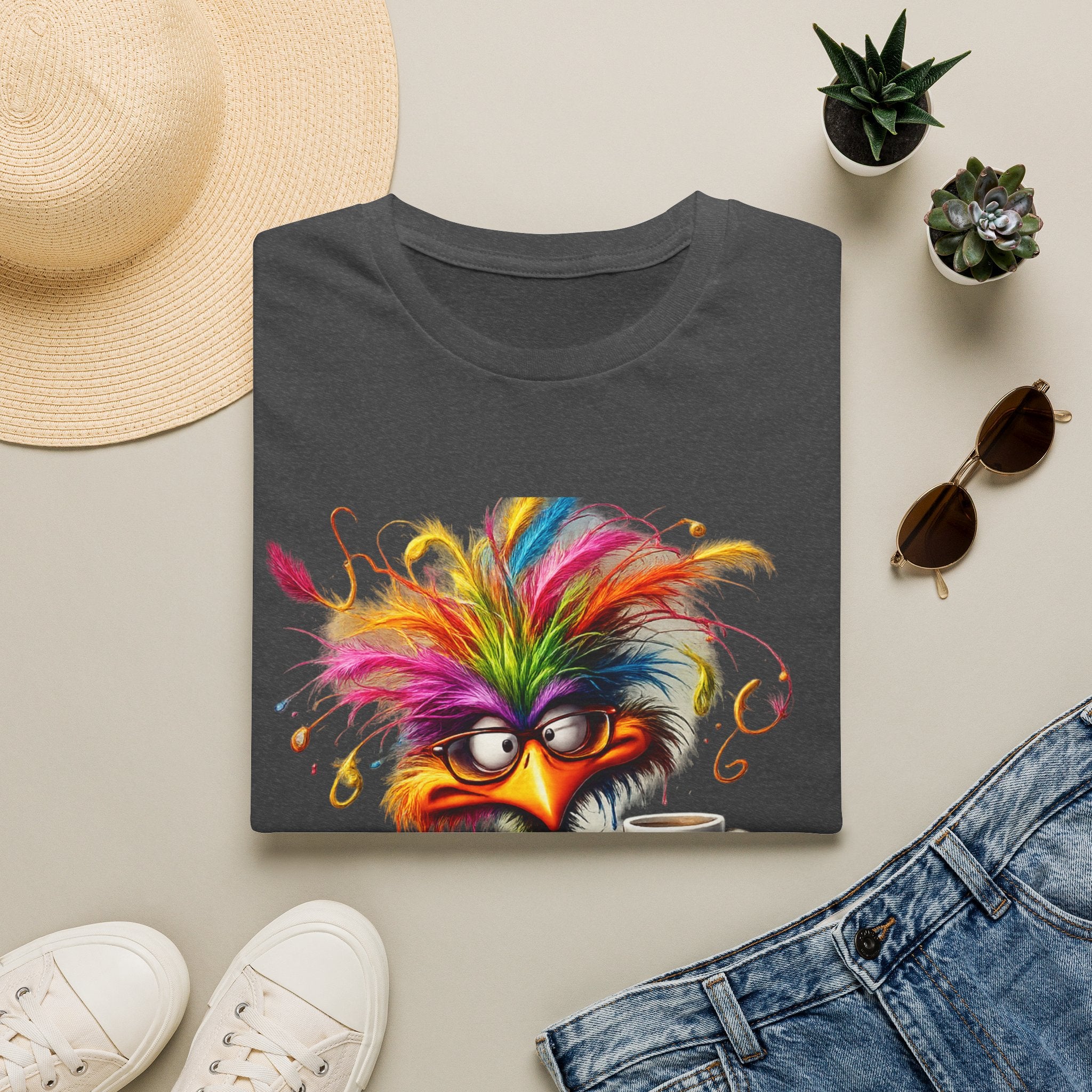 Colorful Grumpy Bird T-Shirt — Cute Moody Cartoon Tee with 'I'm Fine' Mug
