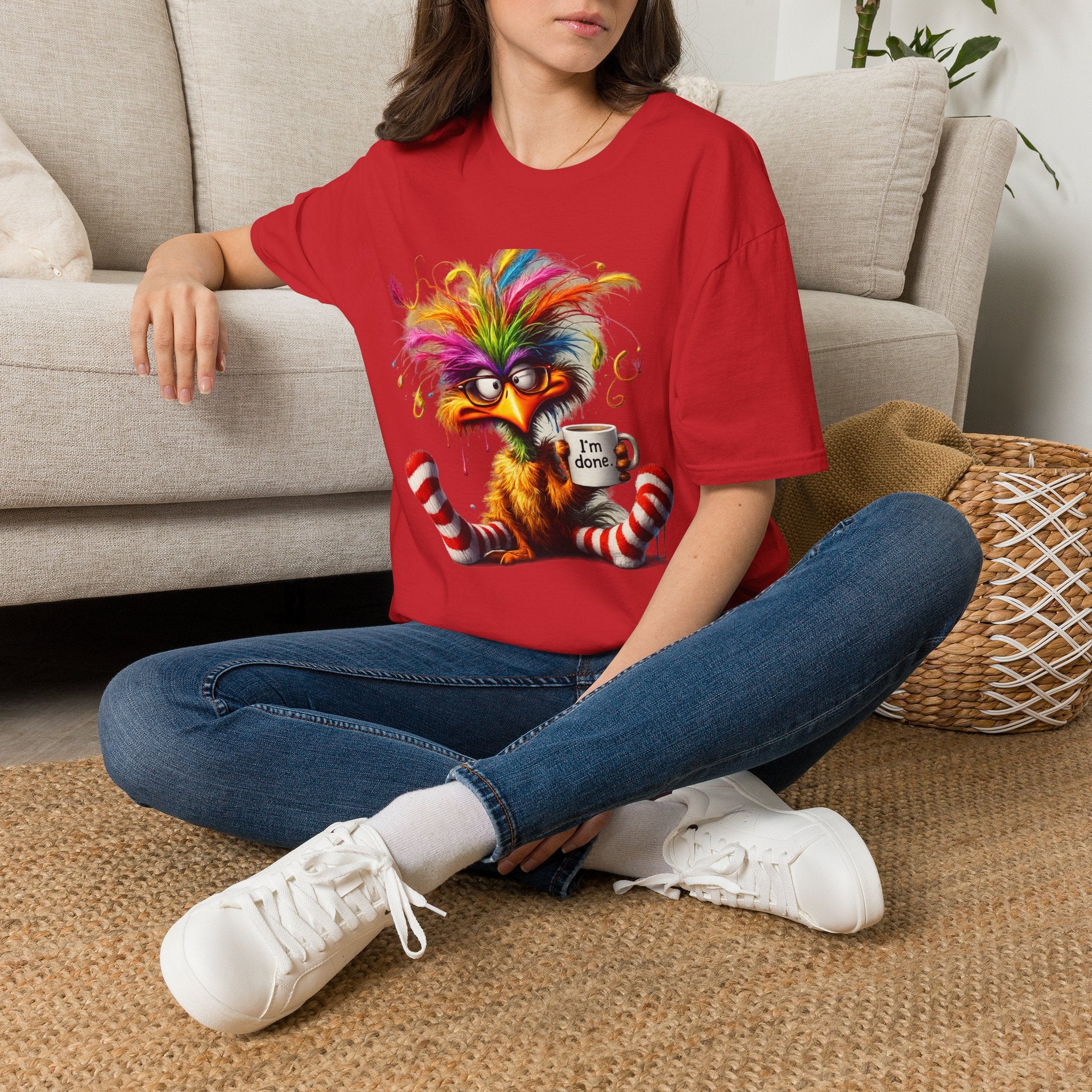 Colorful Grumpy Bird T-Shirt — Cute Moody Cartoon Tee with 'I'm Fine' Mug