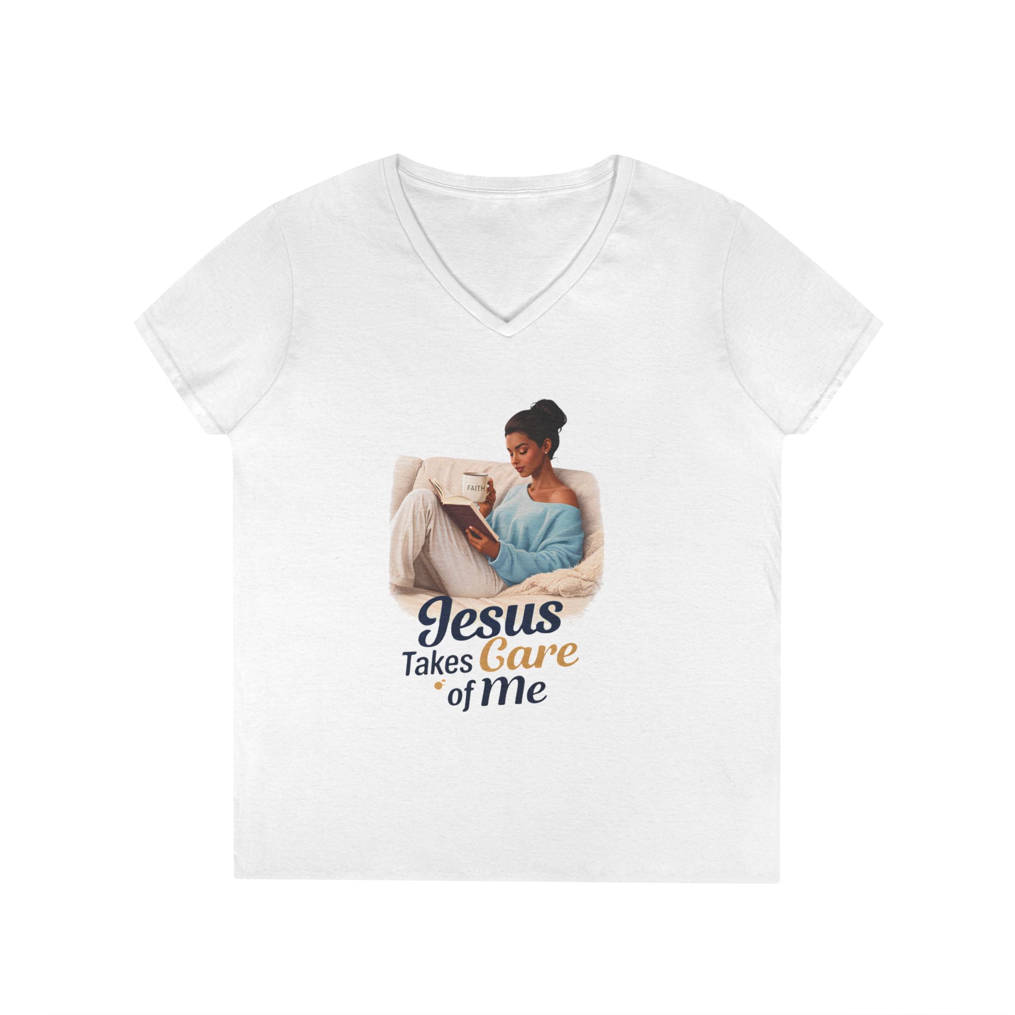 Jesus Takes Care Of Me V-Neck Tee — Christian Inspirational Women's Shirt