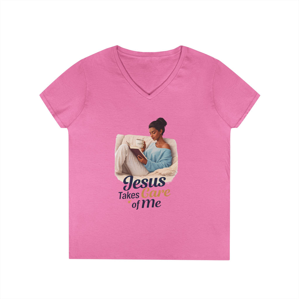 Jesus Takes Care Of Me V-Neck Tee — Christian Inspirational Women's Shirt