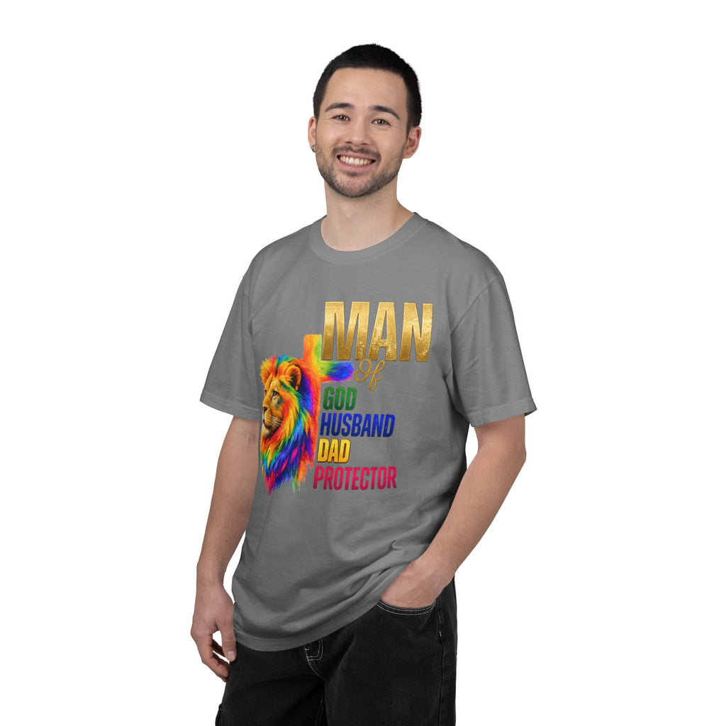 Man of God Lion T-Shirt — "Man of God, Husband, Dad, Protector"
