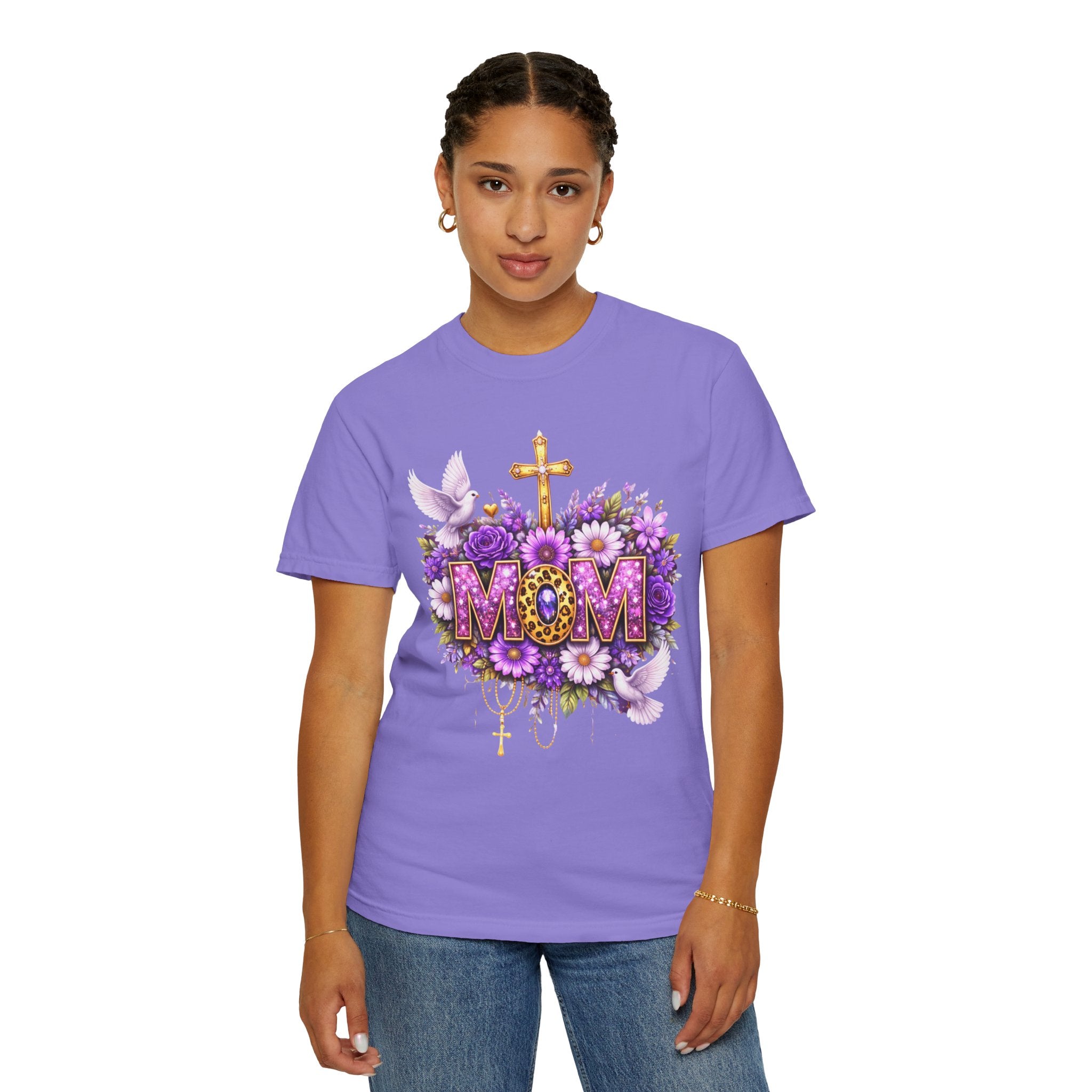 Mom Floral Cross T-Shirt — Purple Daisies & Dove Mother’s Day Tee