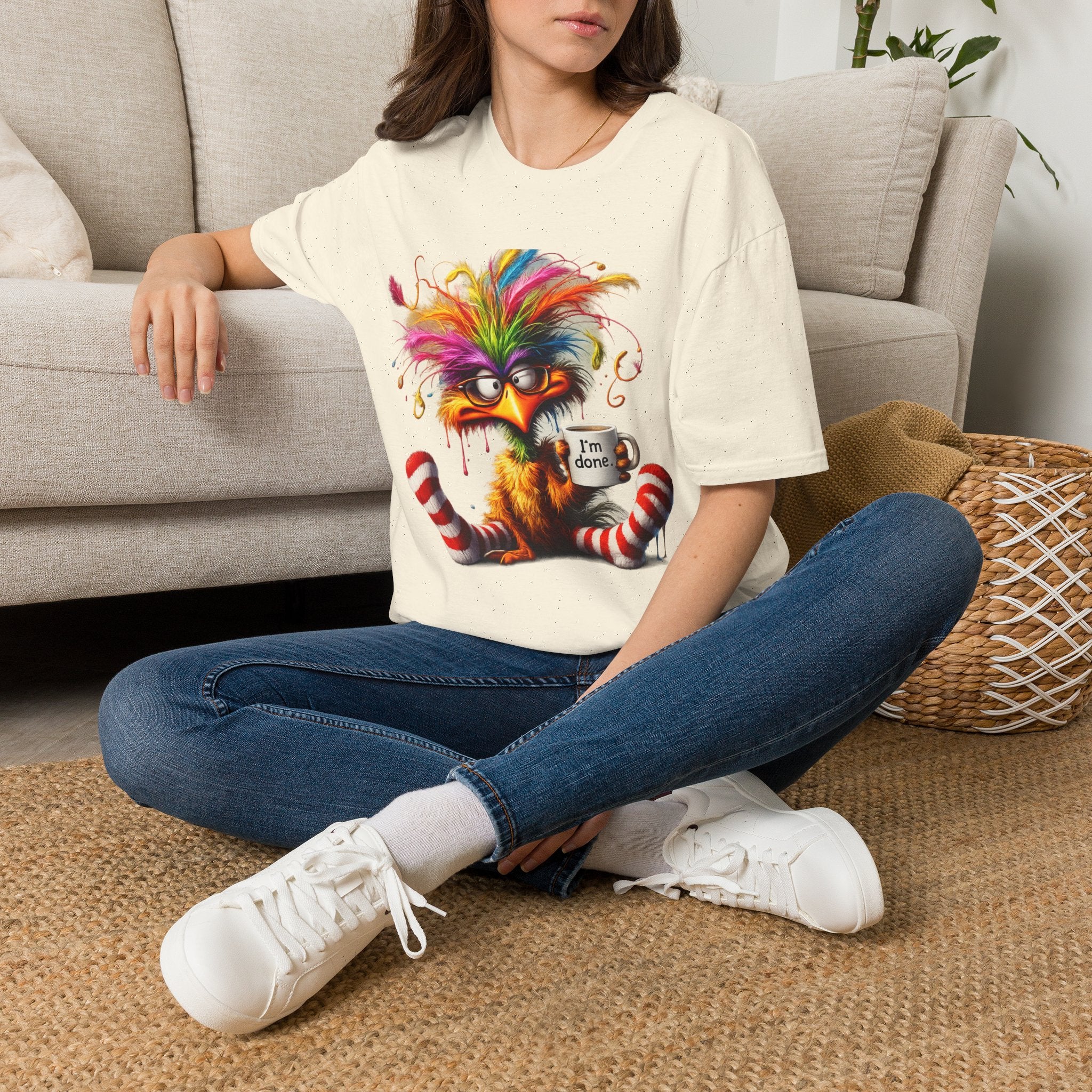 Colorful Grumpy Bird T-Shirt — Cute Moody Cartoon Tee with 'I'm Fine' Mug