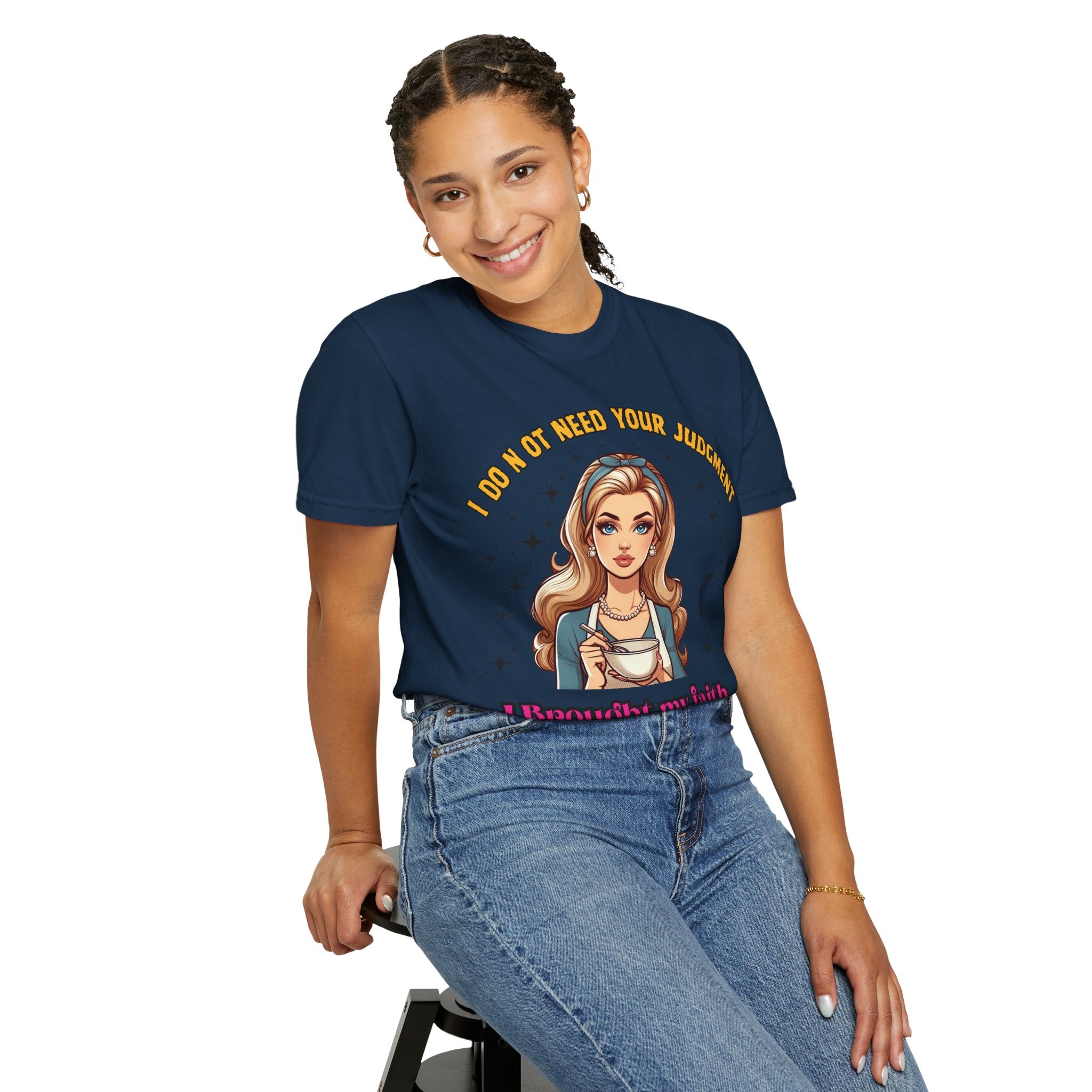 T-Shirt — 'I Don’t Need Your Judgment, I Brought My Faith' Retro Pop Art Graphic Tee