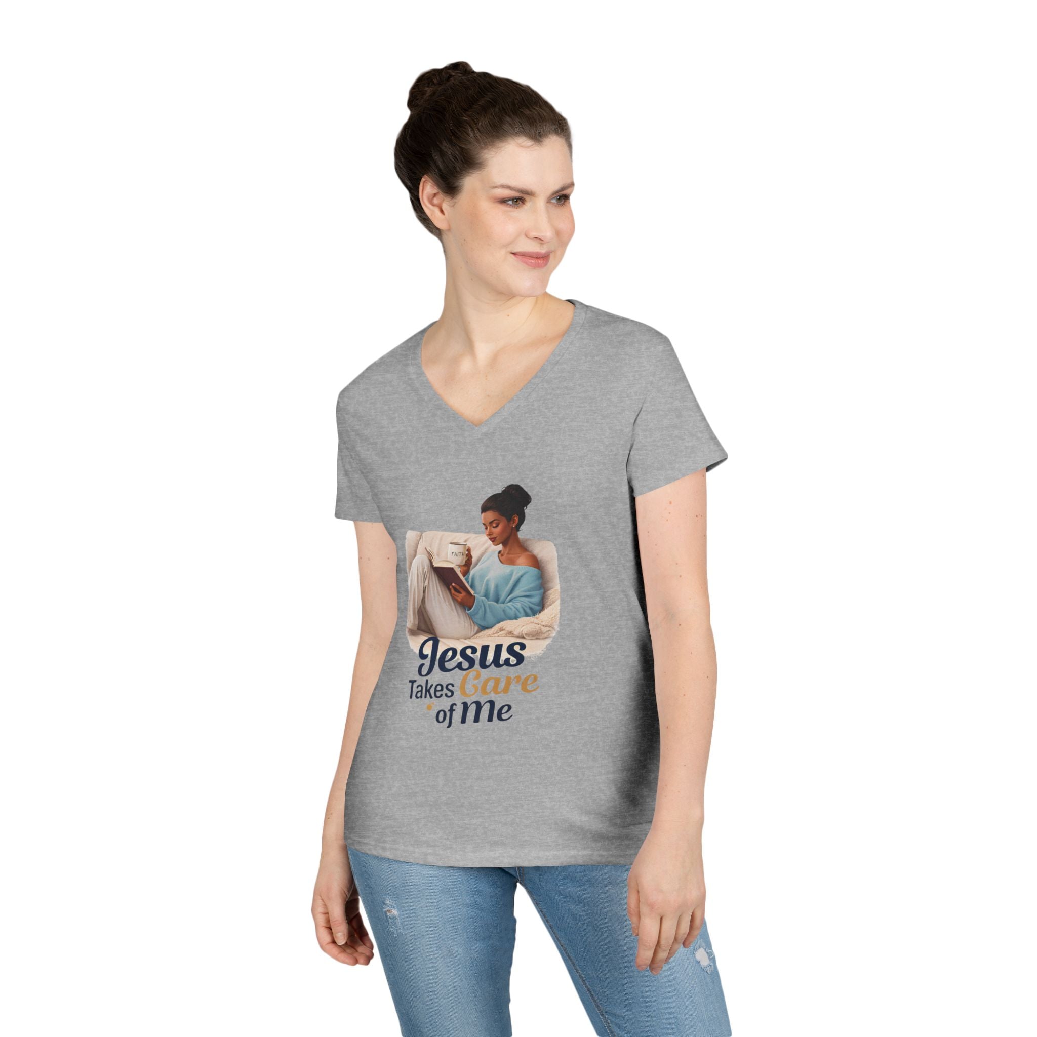 Jesus Takes Care Of Me V-Neck Tee — Christian Inspirational Women's Shirt