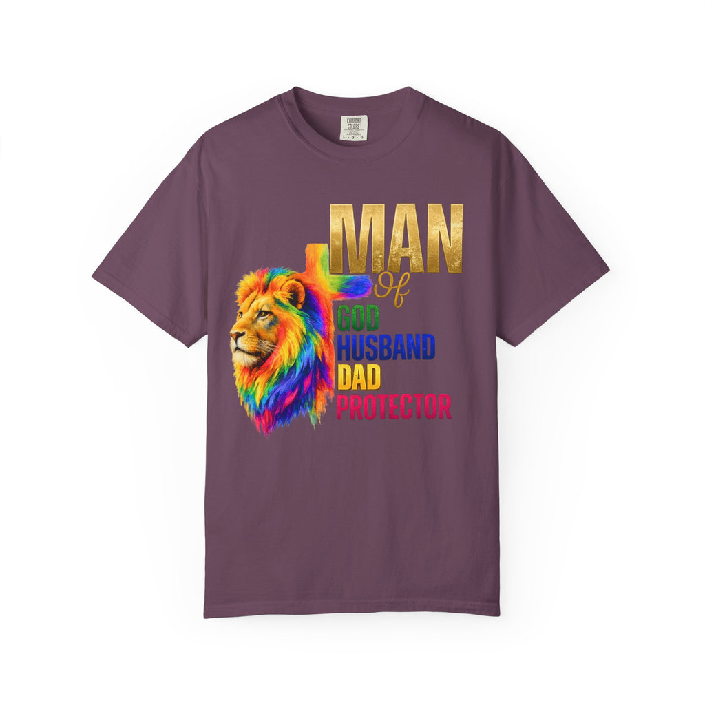 Man of God Lion T-Shirt — "Man of God, Husband, Dad, Protector"