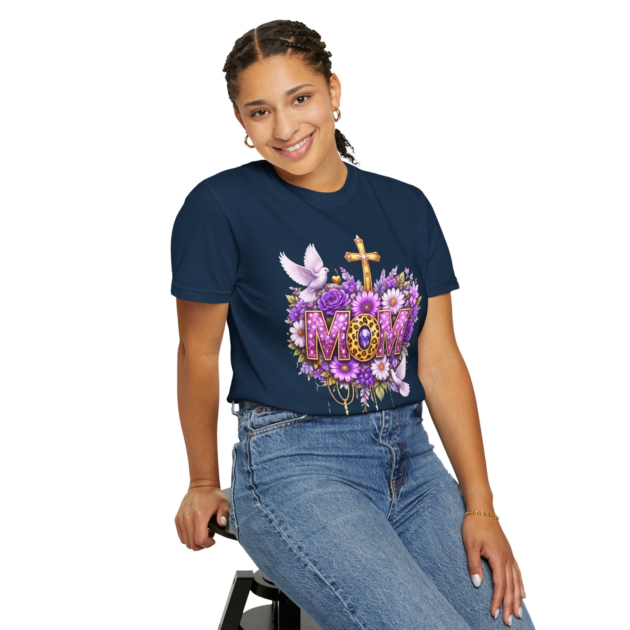 Mom Floral Cross T-Shirt — Purple Daisies & Dove Mother’s Day Tee