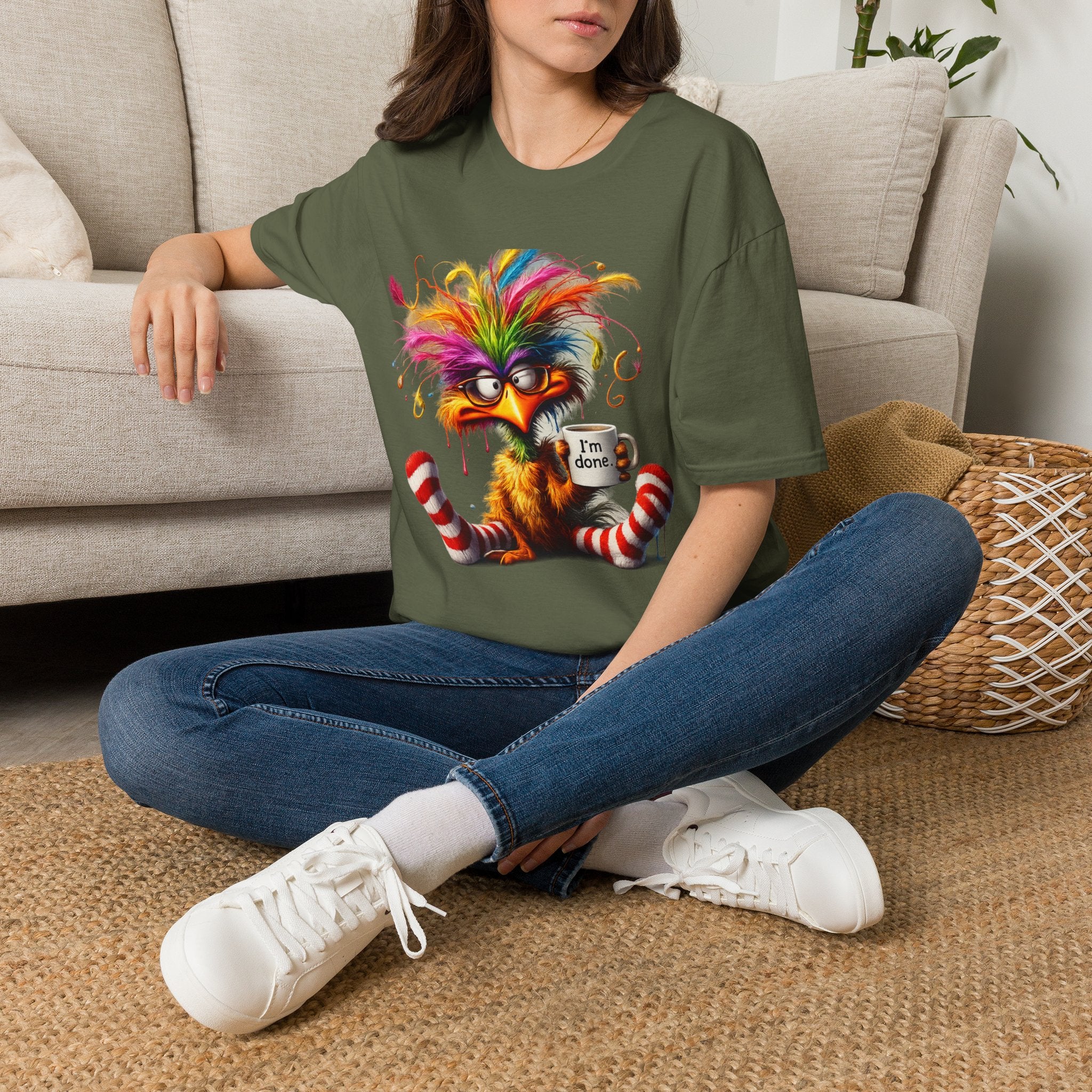 Colorful Grumpy Bird T-Shirt — Cute Moody Cartoon Tee with 'I'm Fine' Mug