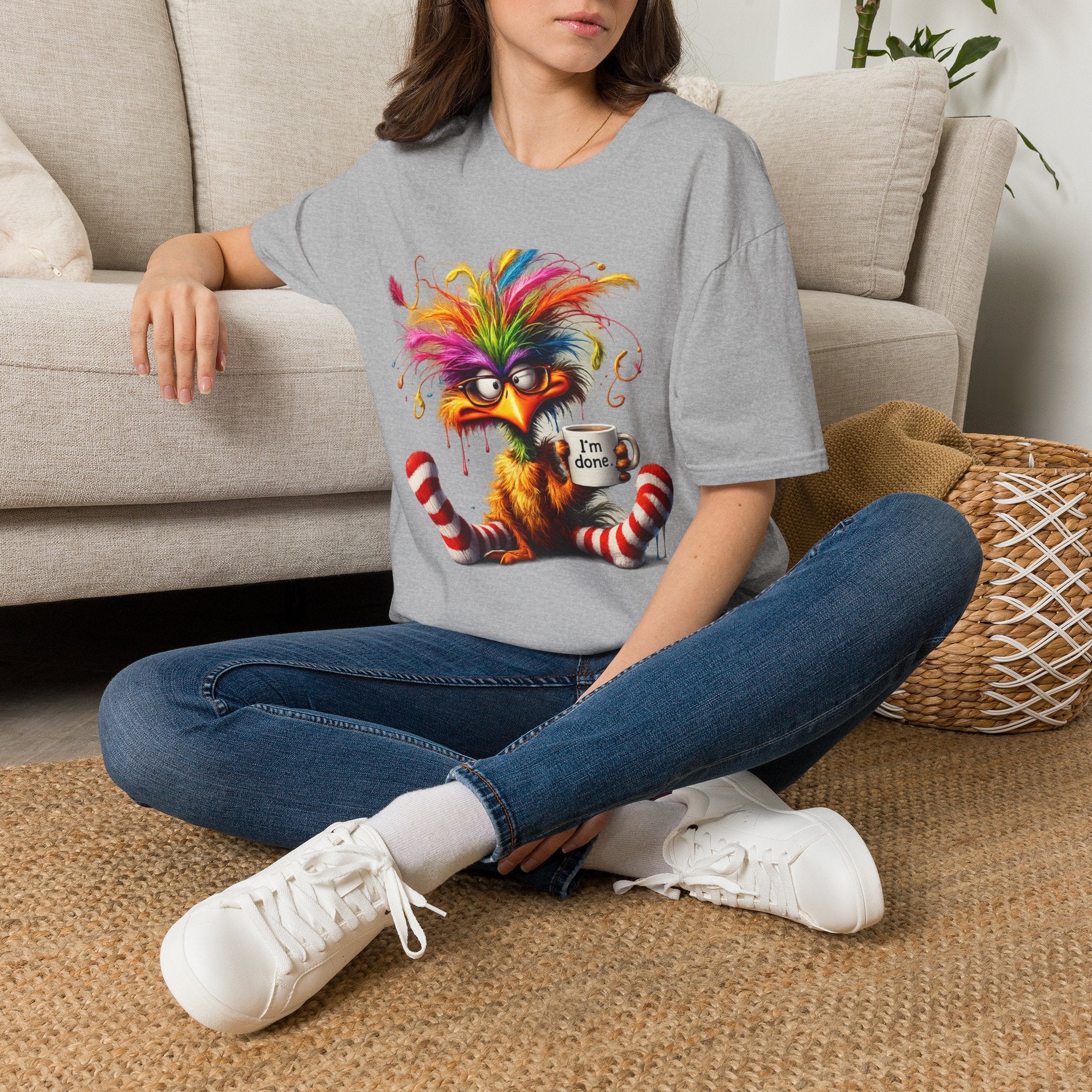 Colorful Grumpy Bird T-Shirt — Cute Moody Cartoon Tee with 'I'm Fine' Mug