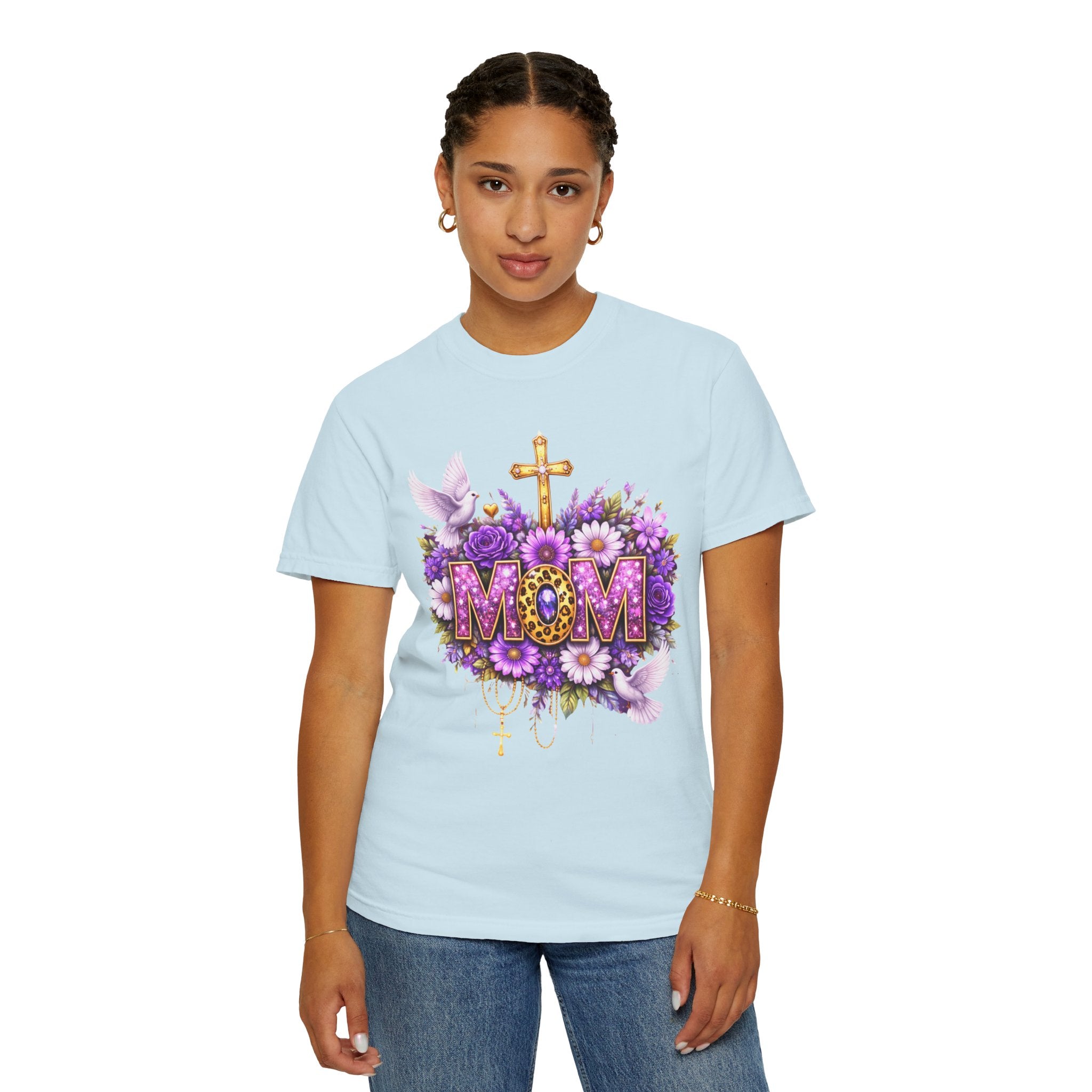 Mom Floral Cross T-Shirt — Purple Daisies & Dove Mother’s Day Tee