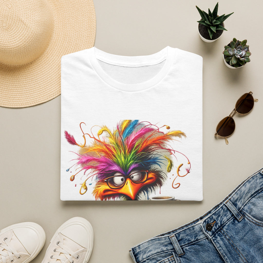 Colorful Grumpy Bird T-Shirt — Cute Moody Cartoon Tee with 'I'm Fine' Mug