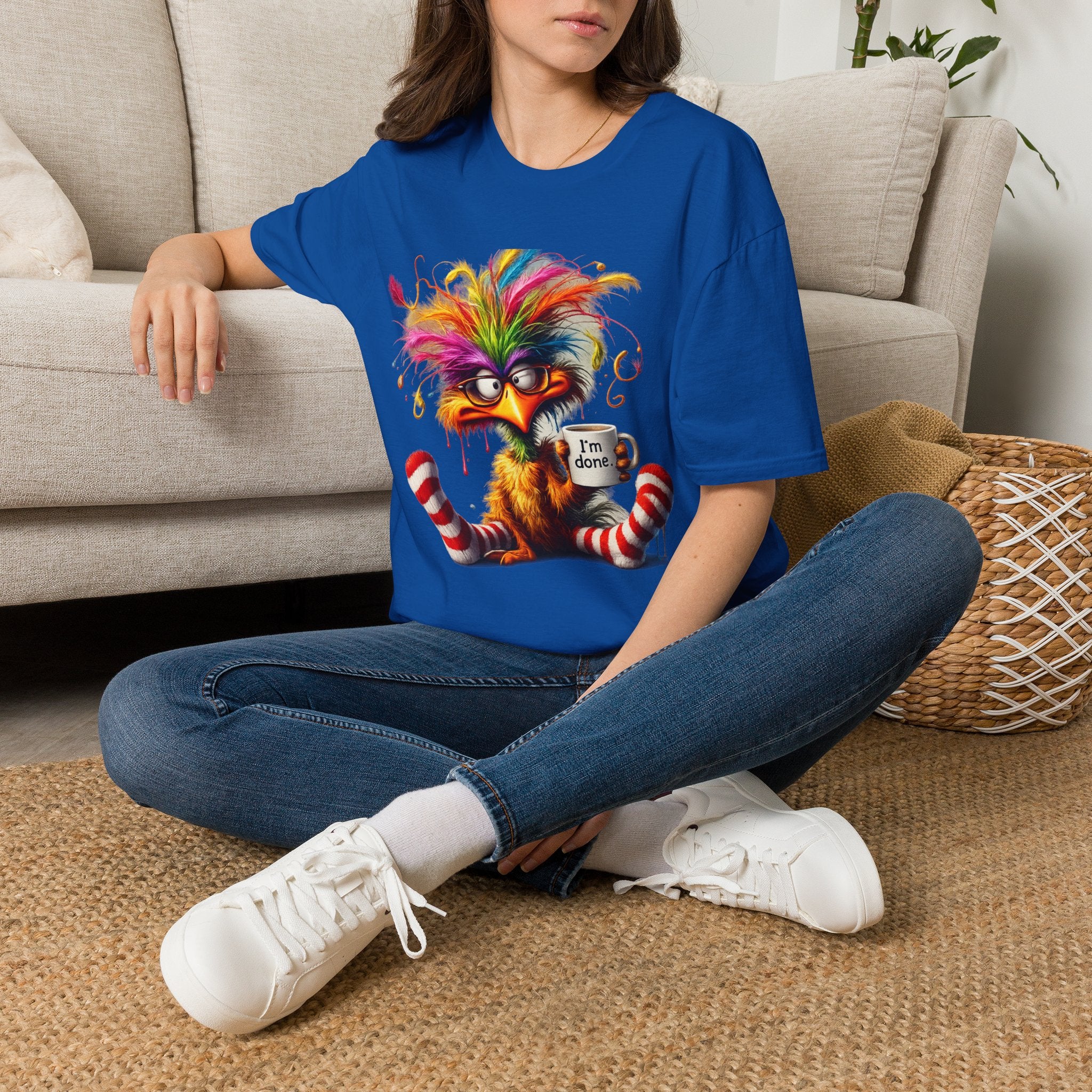 Colorful Grumpy Bird T-Shirt — Cute Moody Cartoon Tee with 'I'm Fine' Mug