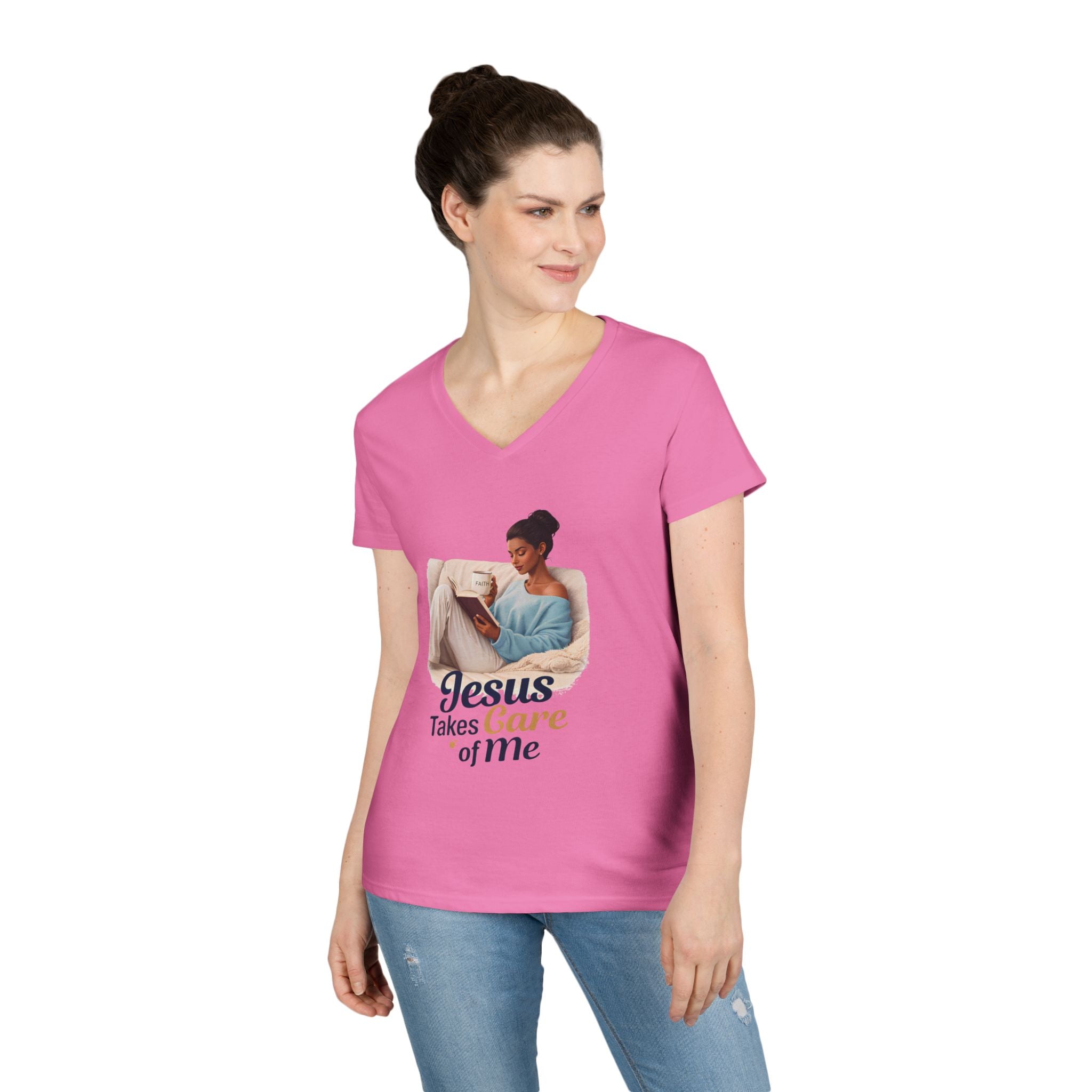 Jesus Takes Care Of Me V-Neck Tee — Christian Inspirational Women's Shirt