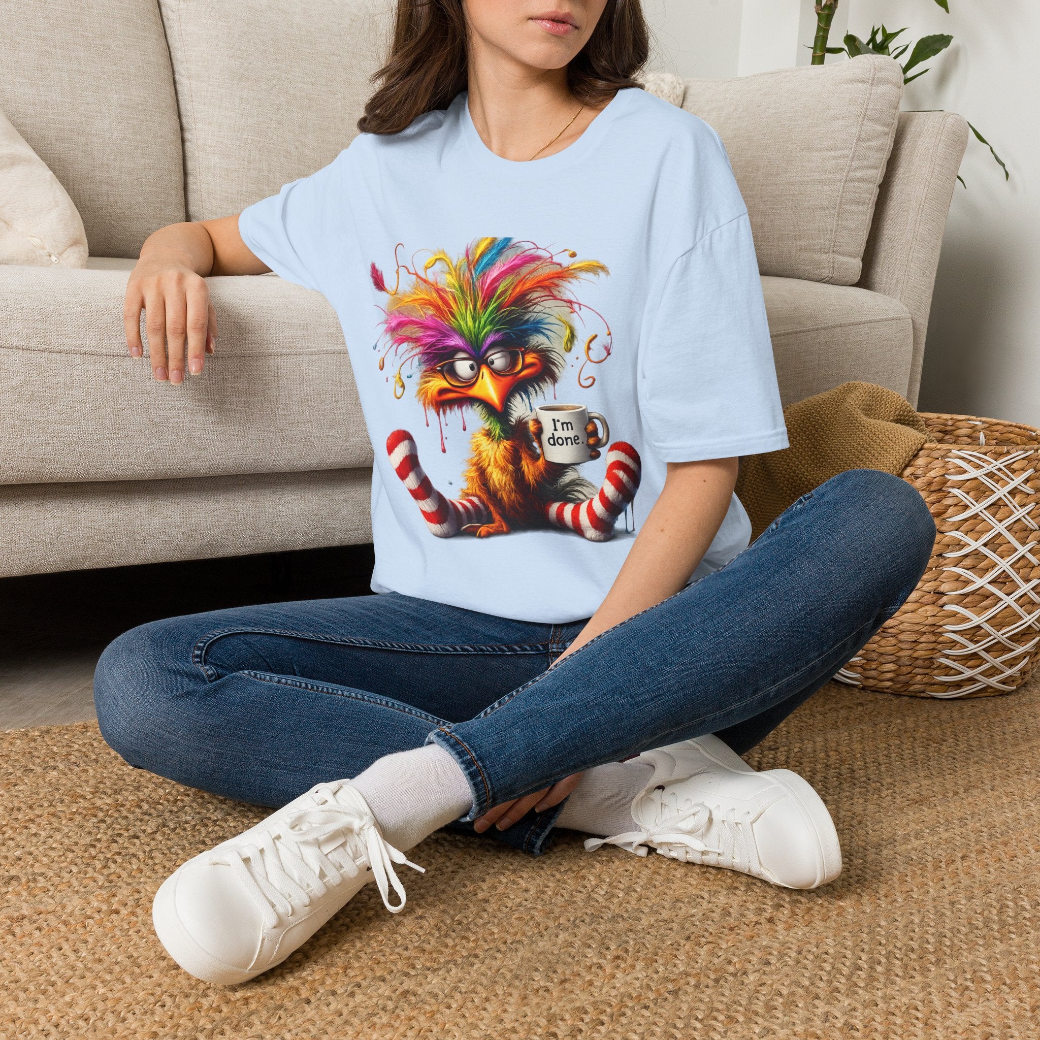 Colorful Grumpy Bird T-Shirt — Cute Moody Cartoon Tee with 'I'm Fine' Mug