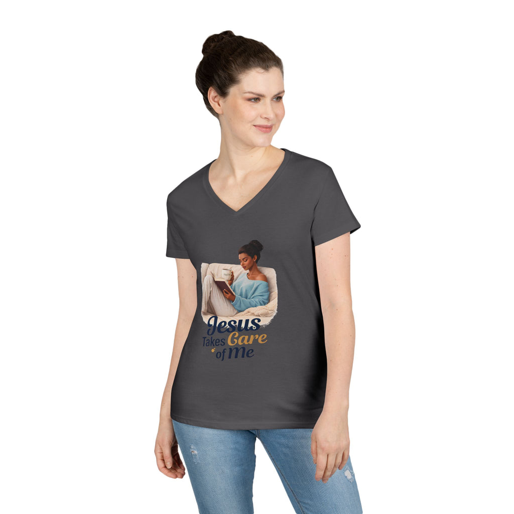 Jesus Takes Care Of Me V-Neck Tee — Christian Inspirational Women's Shirt