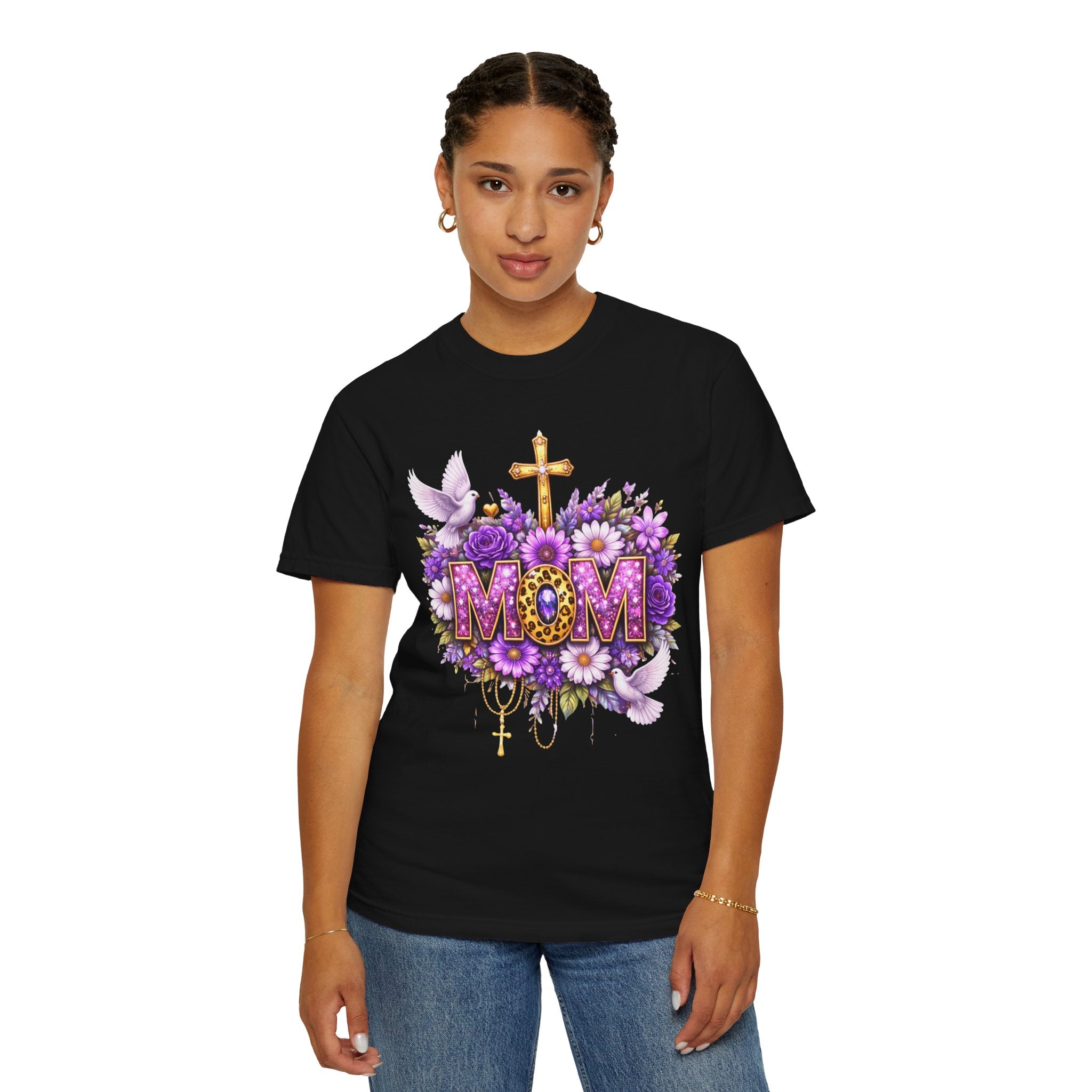 Mom Floral Cross T-Shirt — Purple Daisies & Dove Mother’s Day Tee