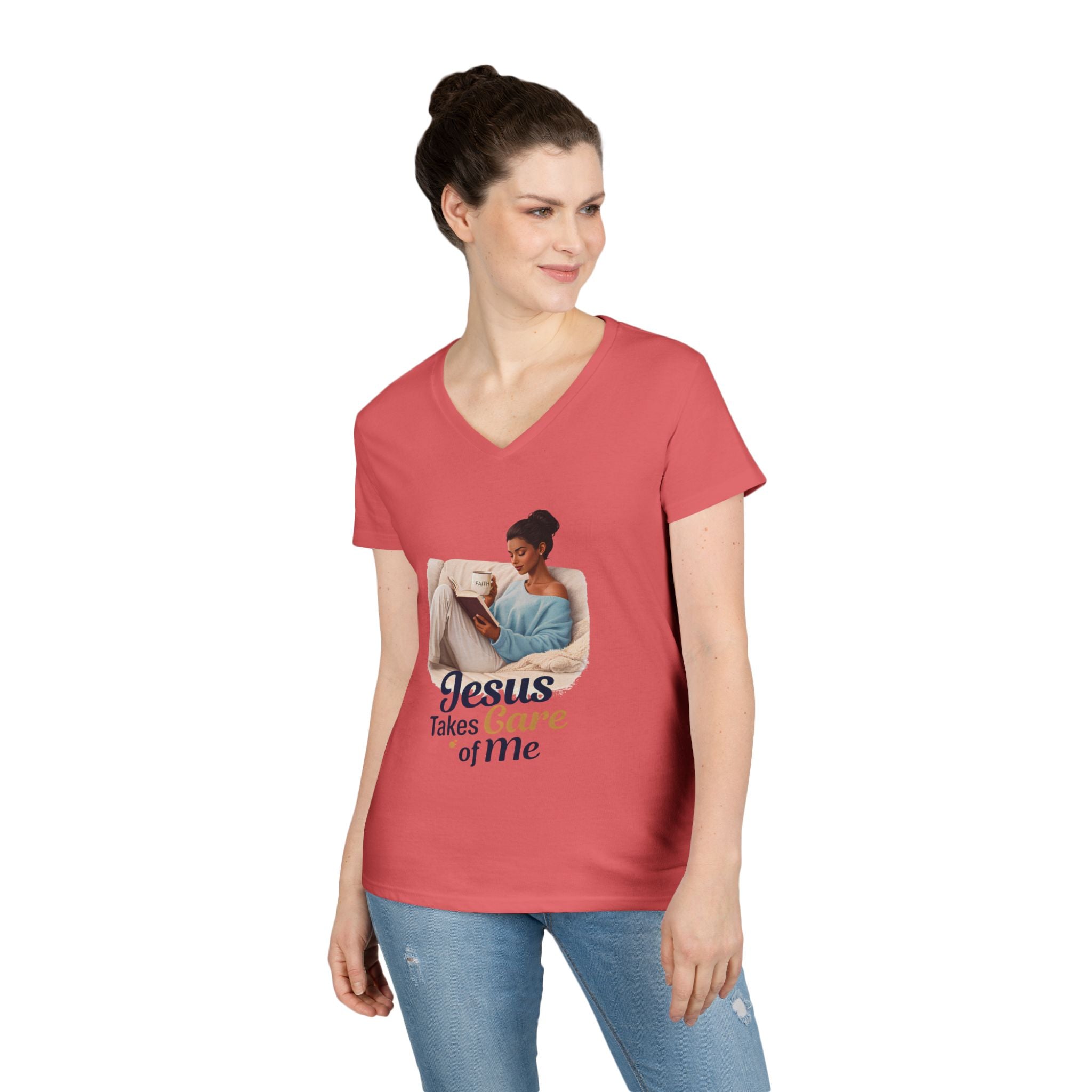 Jesus Takes Care Of Me V-Neck Tee — Christian Inspirational Women's Shirt
