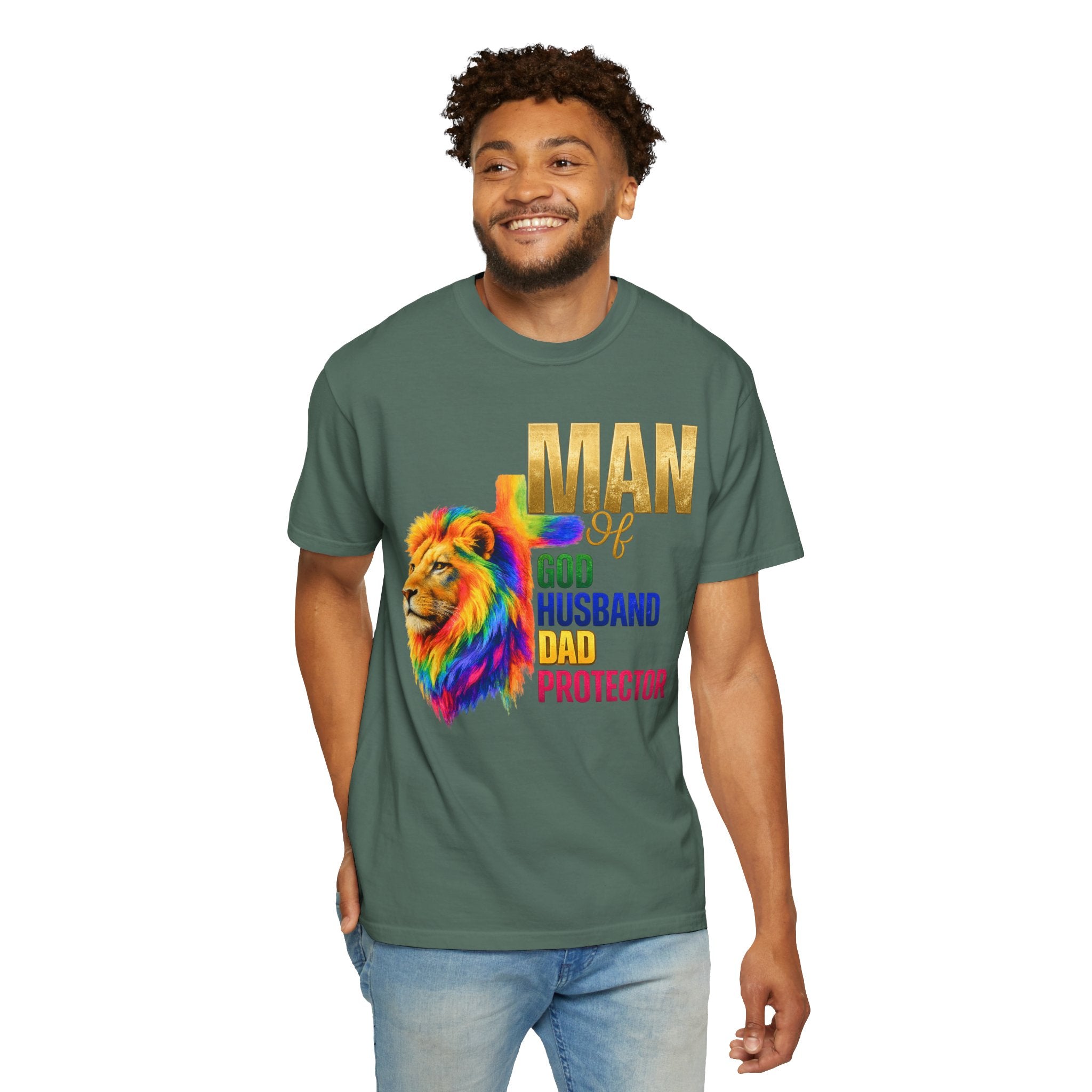 Man of God Lion T-Shirt — "Man of God, Husband, Dad, Protector"