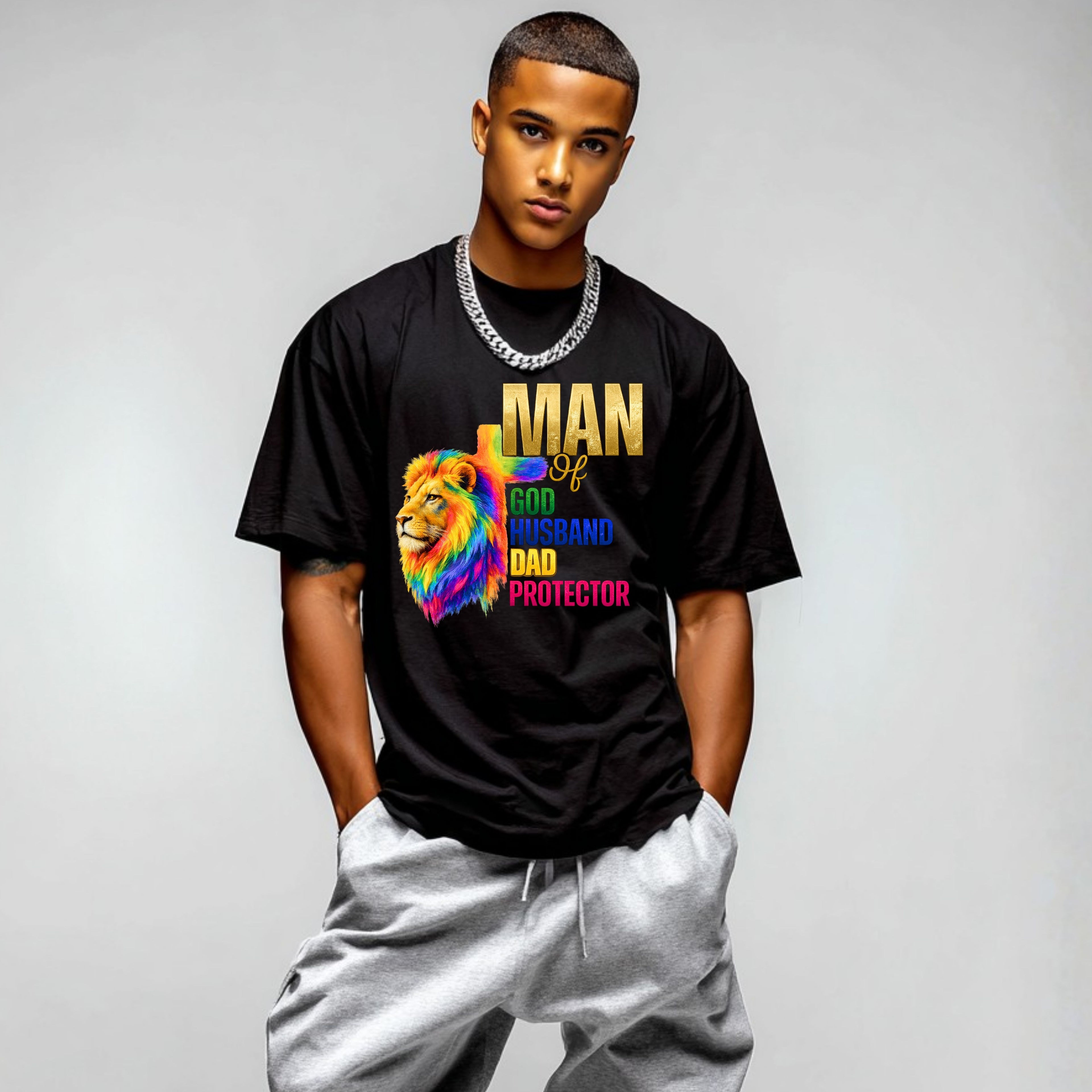 Man of God Lion T-Shirt — "Man of God, Husband, Dad, Protector"