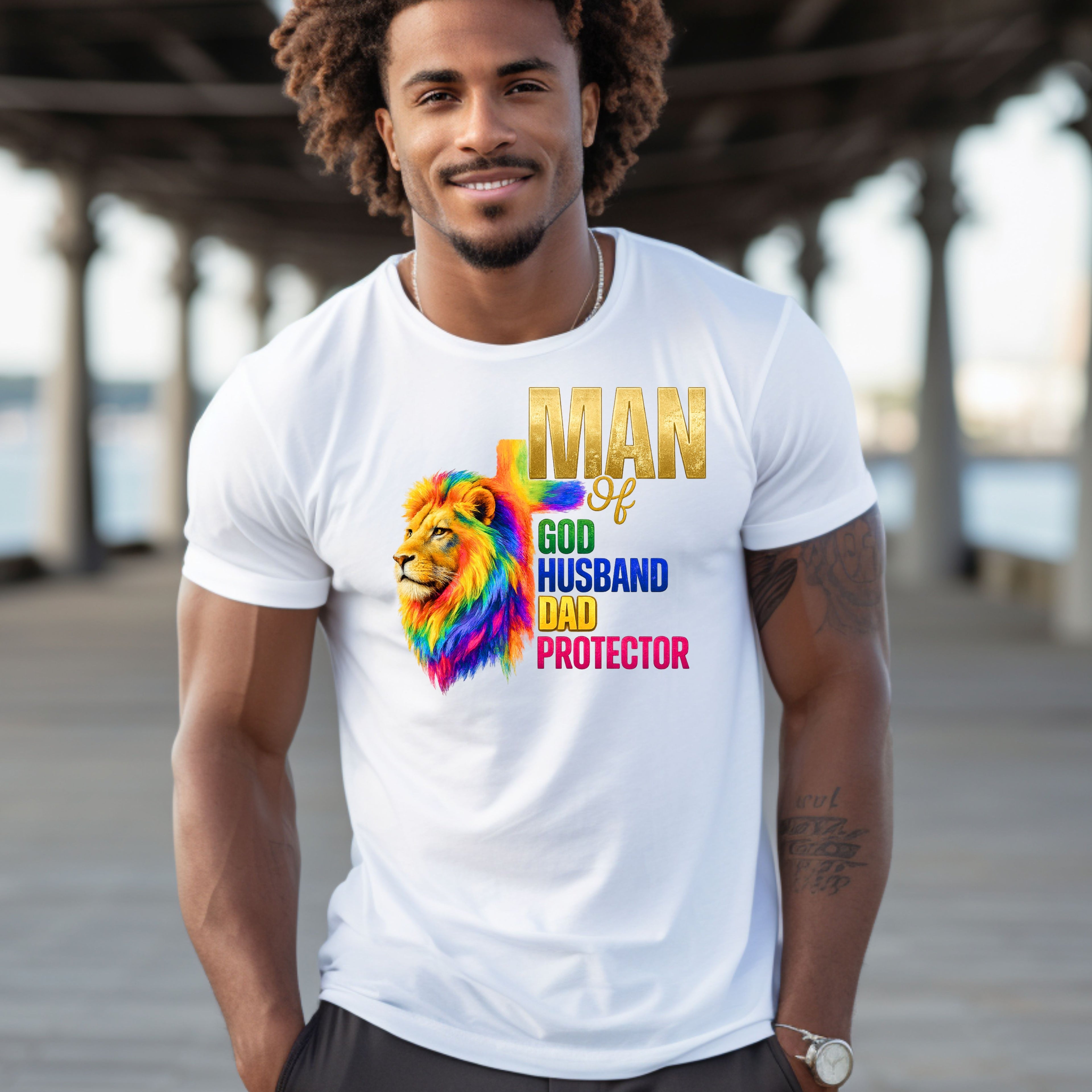 Man of God Lion T-Shirt — "Man of God, Husband, Dad, Protector"