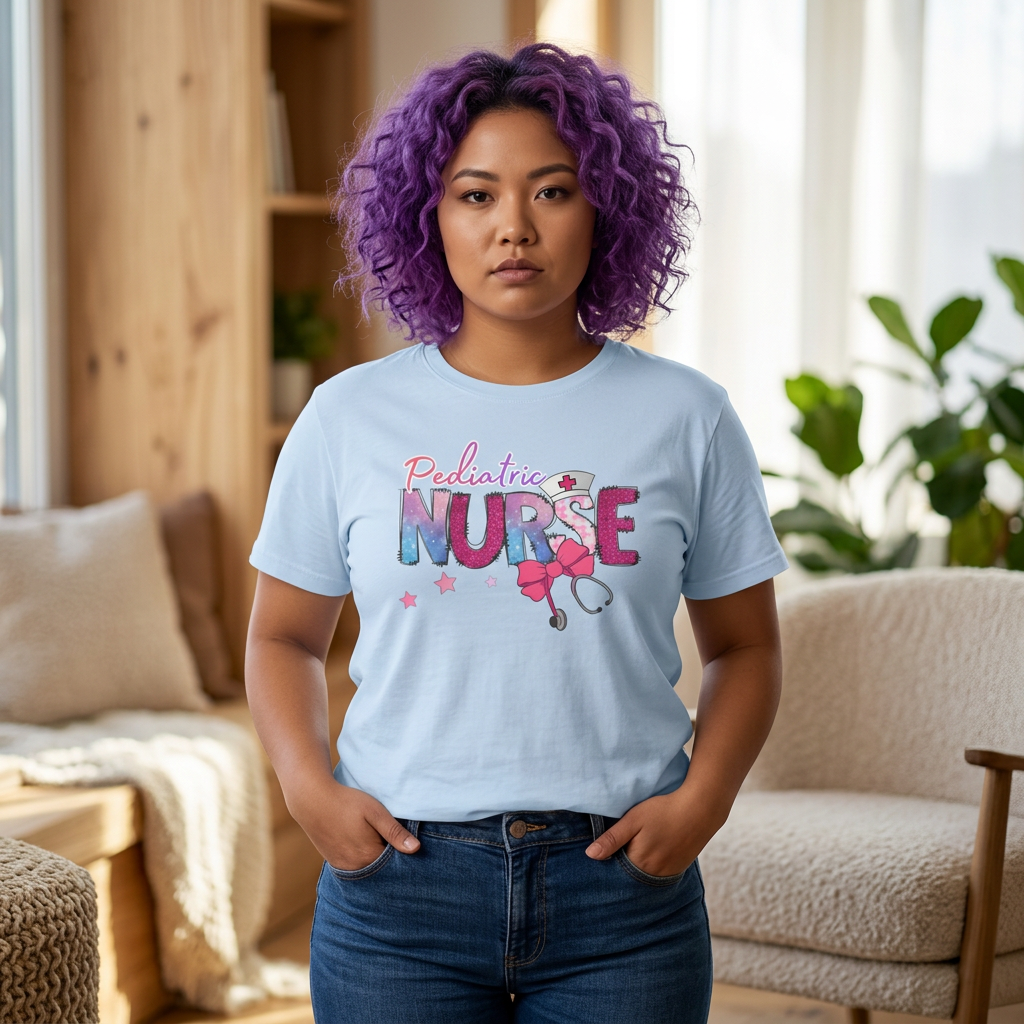 Pediatric Nurse T-Shirt — Cute Pastel Stethoscope & Bow Design