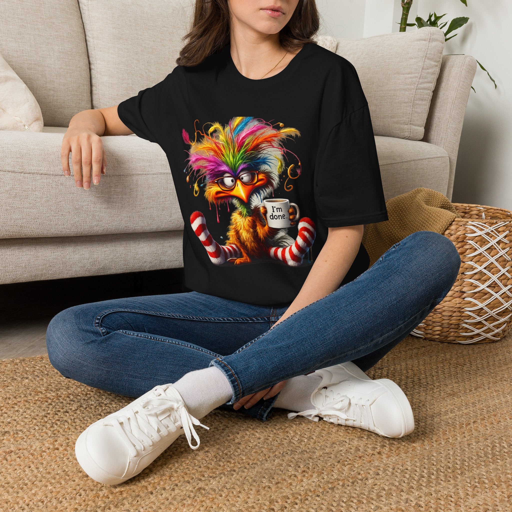 Colorful Grumpy Bird T-Shirt — Cute Moody Cartoon Tee with 'I'm Fine' Mug