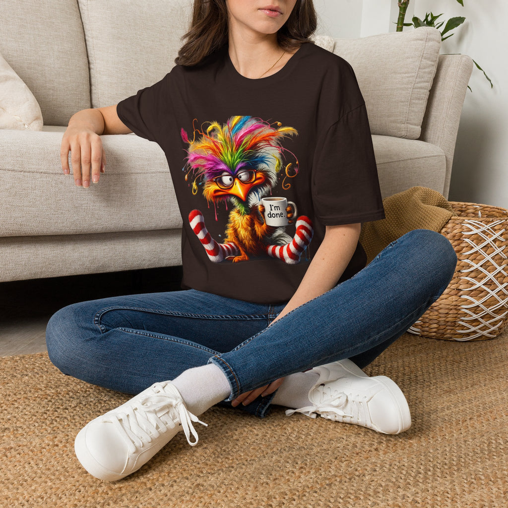 Colorful Grumpy Bird T-Shirt — Cute Moody Cartoon Tee with 'I'm Fine' Mug