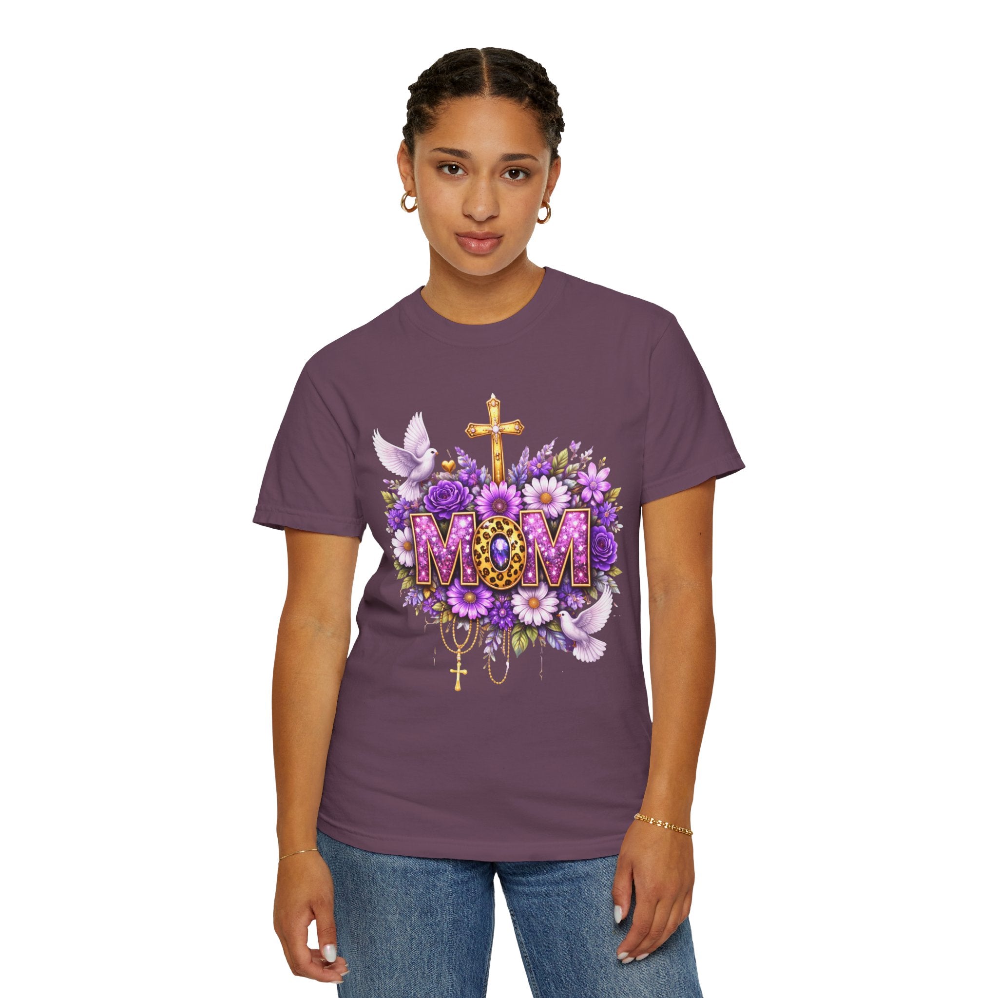 Mom Floral Cross T-Shirt — Purple Daisies & Dove Mother’s Day Tee