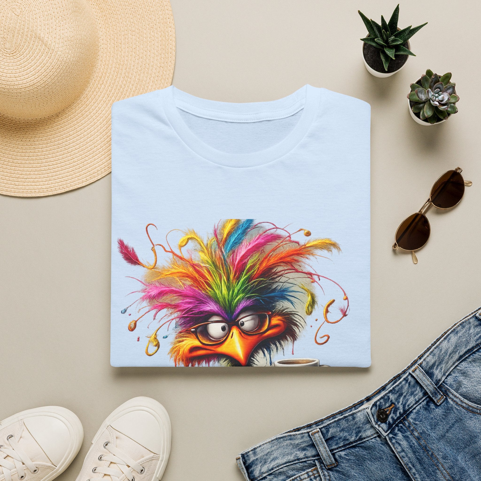 Colorful Grumpy Bird T-Shirt — Cute Moody Cartoon Tee with 'I'm Fine' Mug
