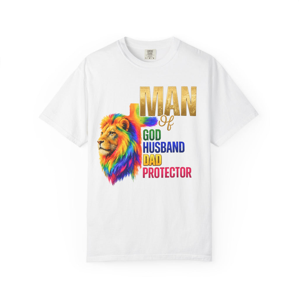 Man of God Lion T-Shirt — "Man of God, Husband, Dad, Protector"