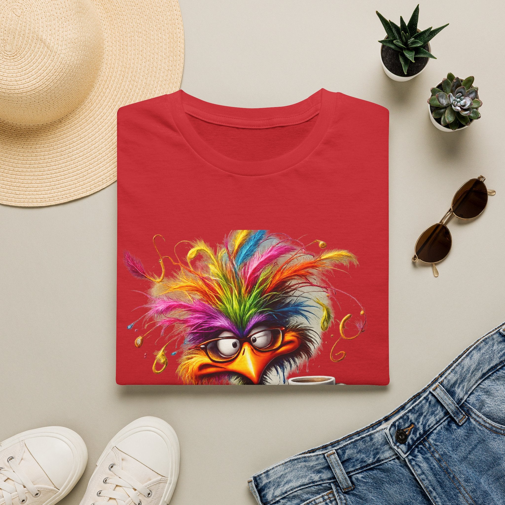 Colorful Grumpy Bird T-Shirt — Cute Moody Cartoon Tee with 'I'm Fine' Mug