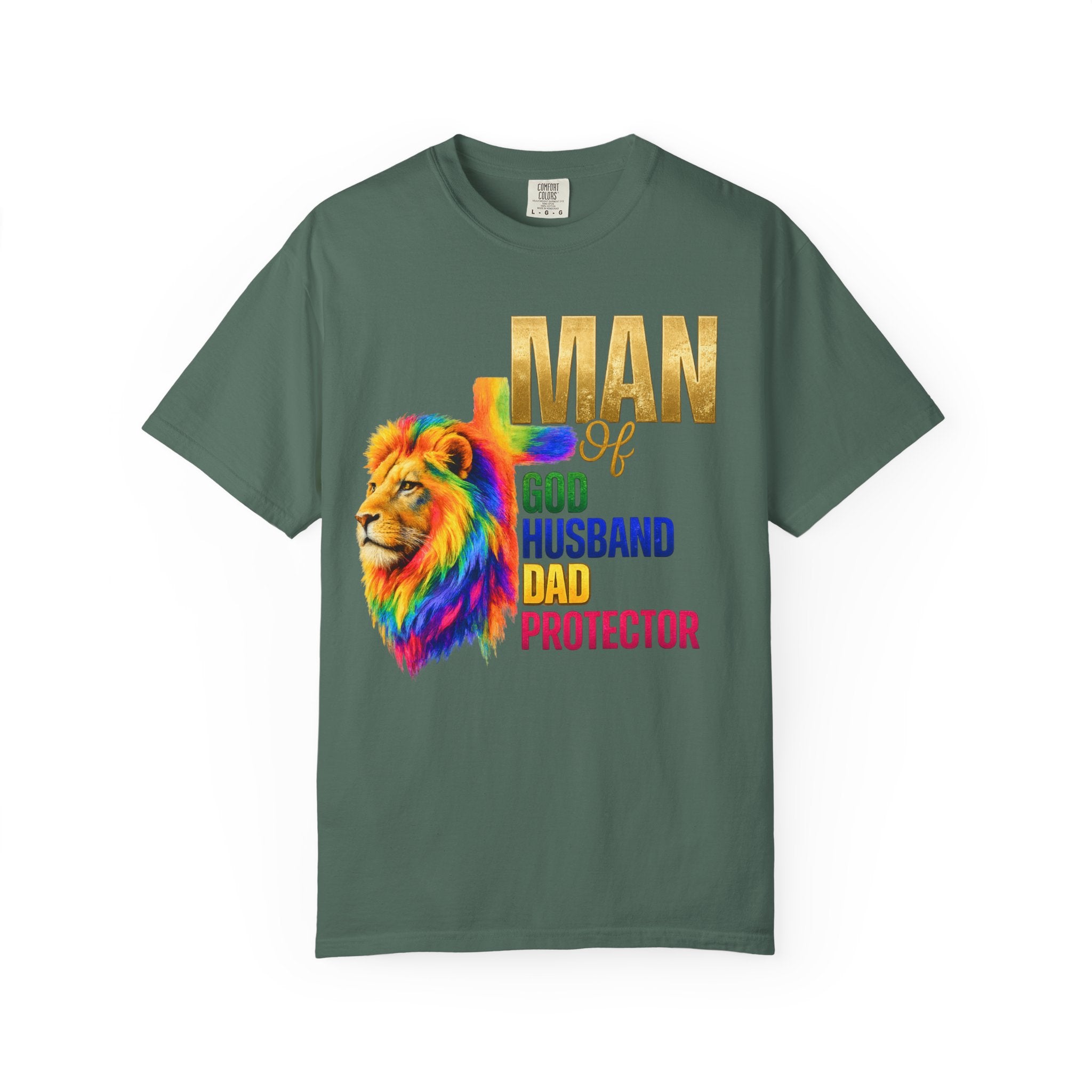 Man of God Lion T-Shirt — "Man of God, Husband, Dad, Protector"