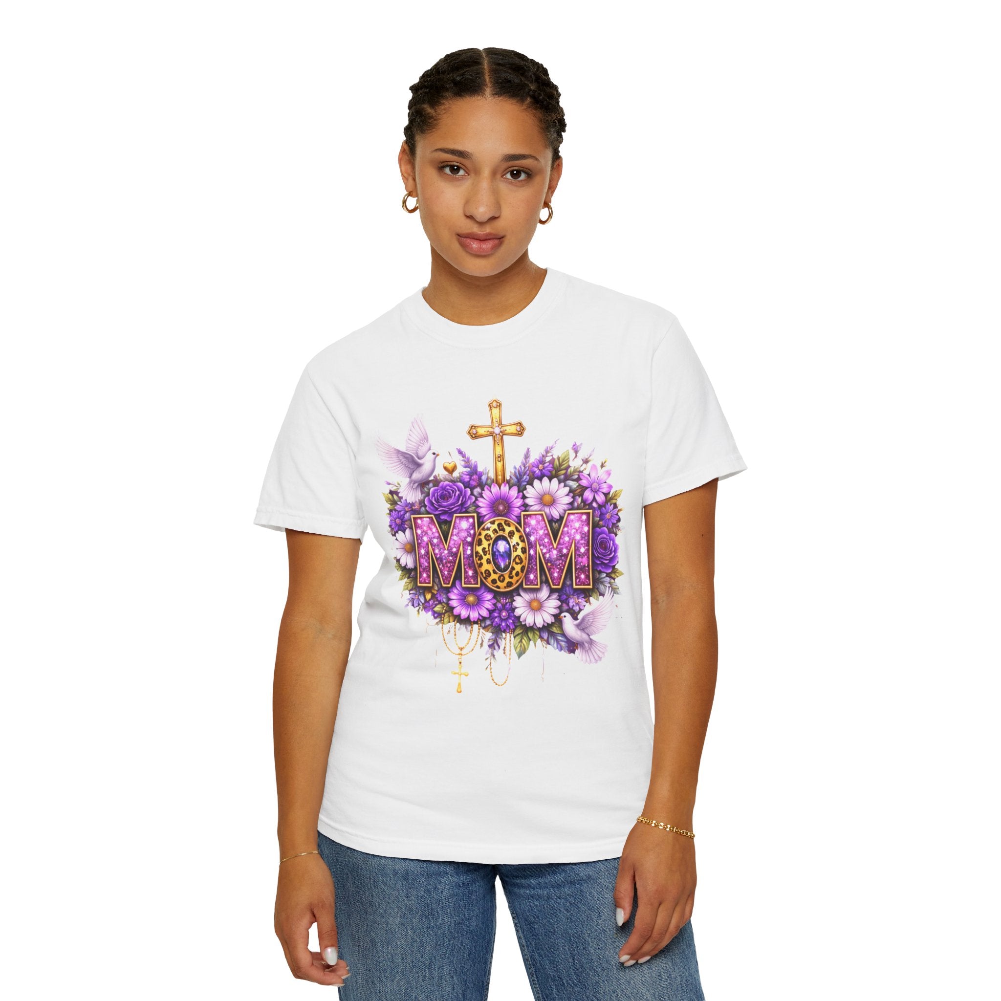 Mom Floral Cross T-Shirt — Purple Daisies & Dove Mother’s Day Tee