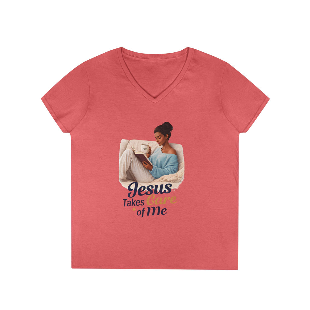 Jesus Takes Care Of Me V-Neck Tee — Christian Inspirational Women's Shirt
