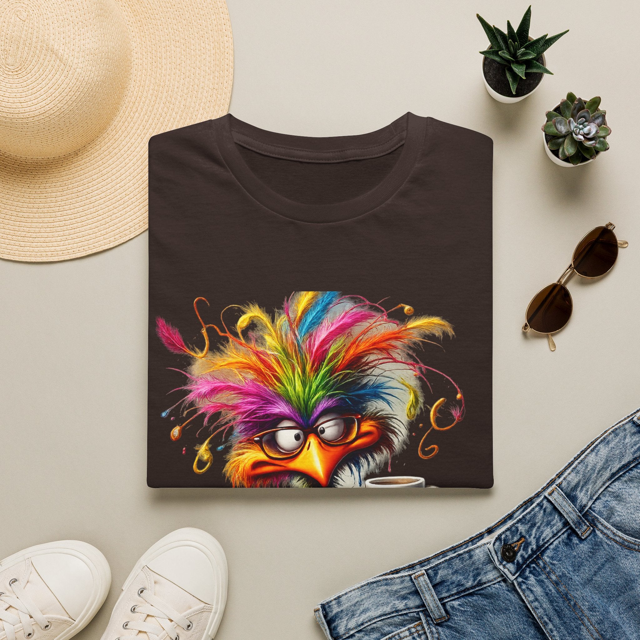 Colorful Grumpy Bird T-Shirt — Cute Moody Cartoon Tee with 'I'm Fine' Mug