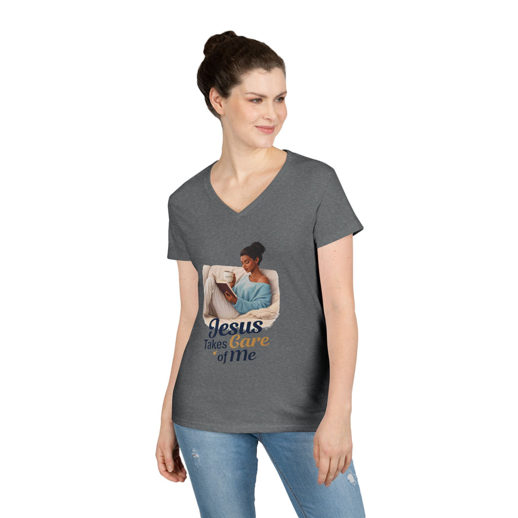 Jesus Takes Care Of Me V-Neck Tee — Christian Inspirational Women's Shirt