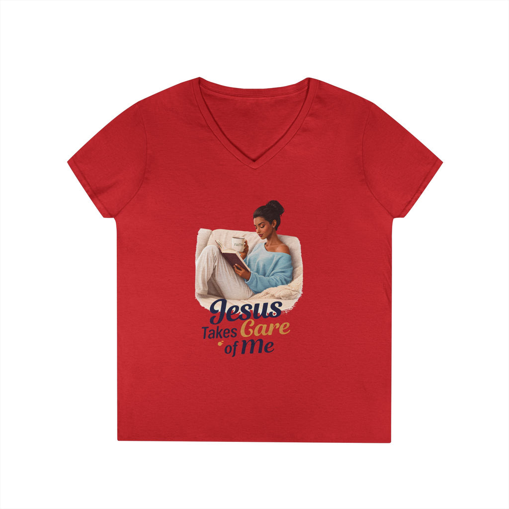Jesus Takes Care Of Me V-Neck Tee — Christian Inspirational Women's Shirt