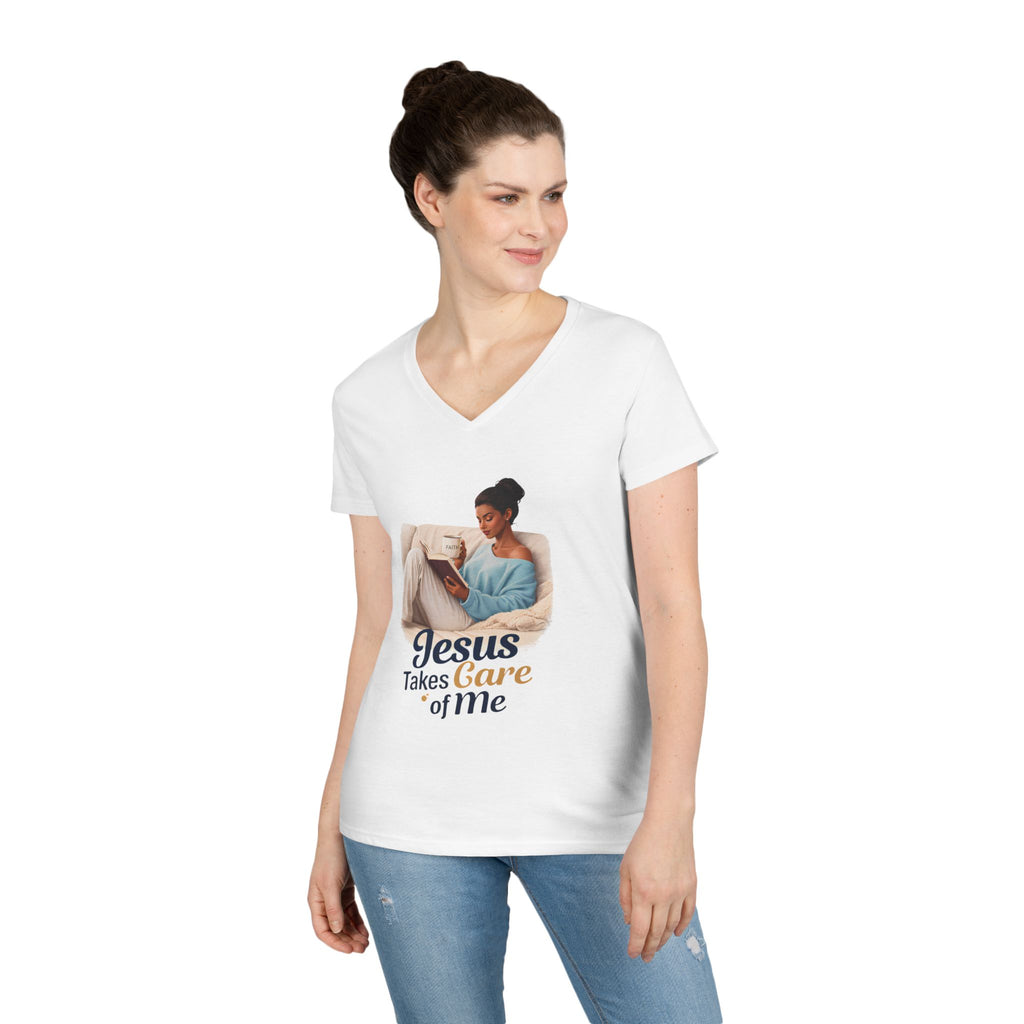 Jesus Takes Care Of Me V-Neck Tee — Christian Inspirational Women's Shirt
