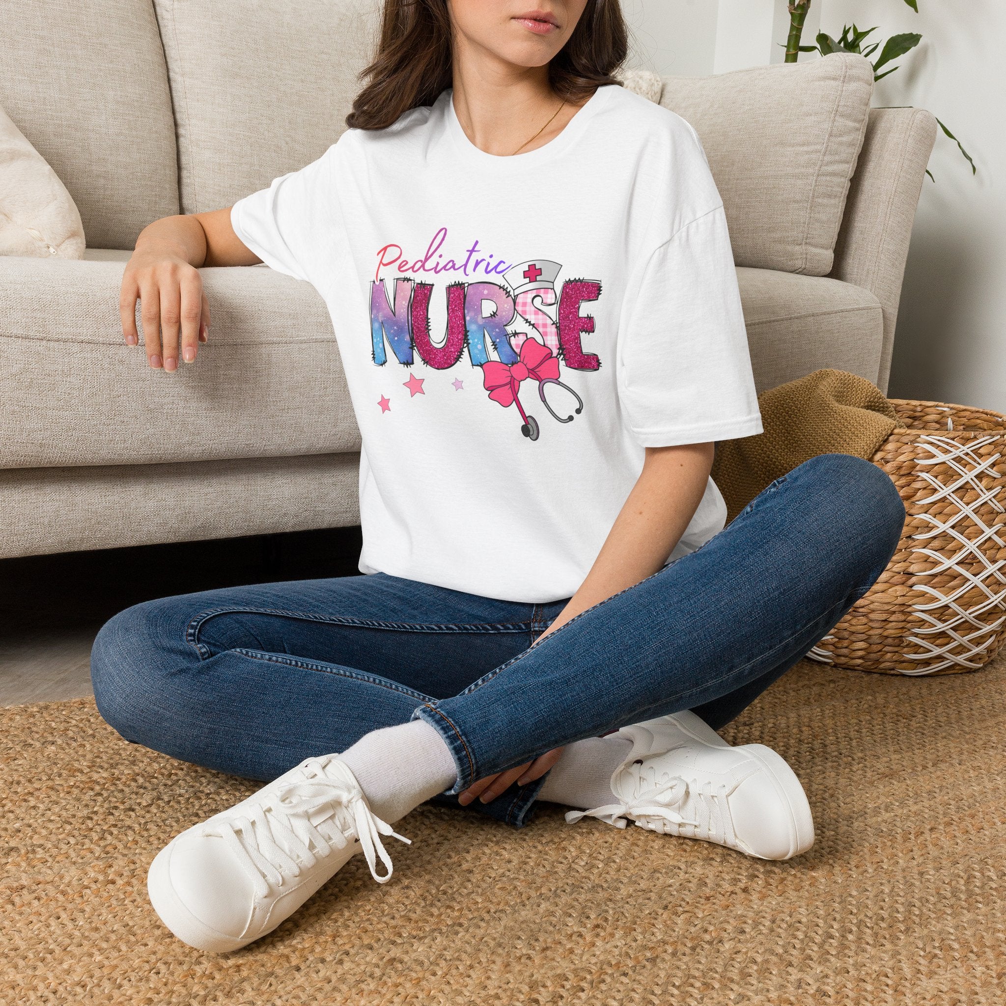 Pediatric Nurse T-Shirt — Cute Pastel Stethoscope & Bow Design