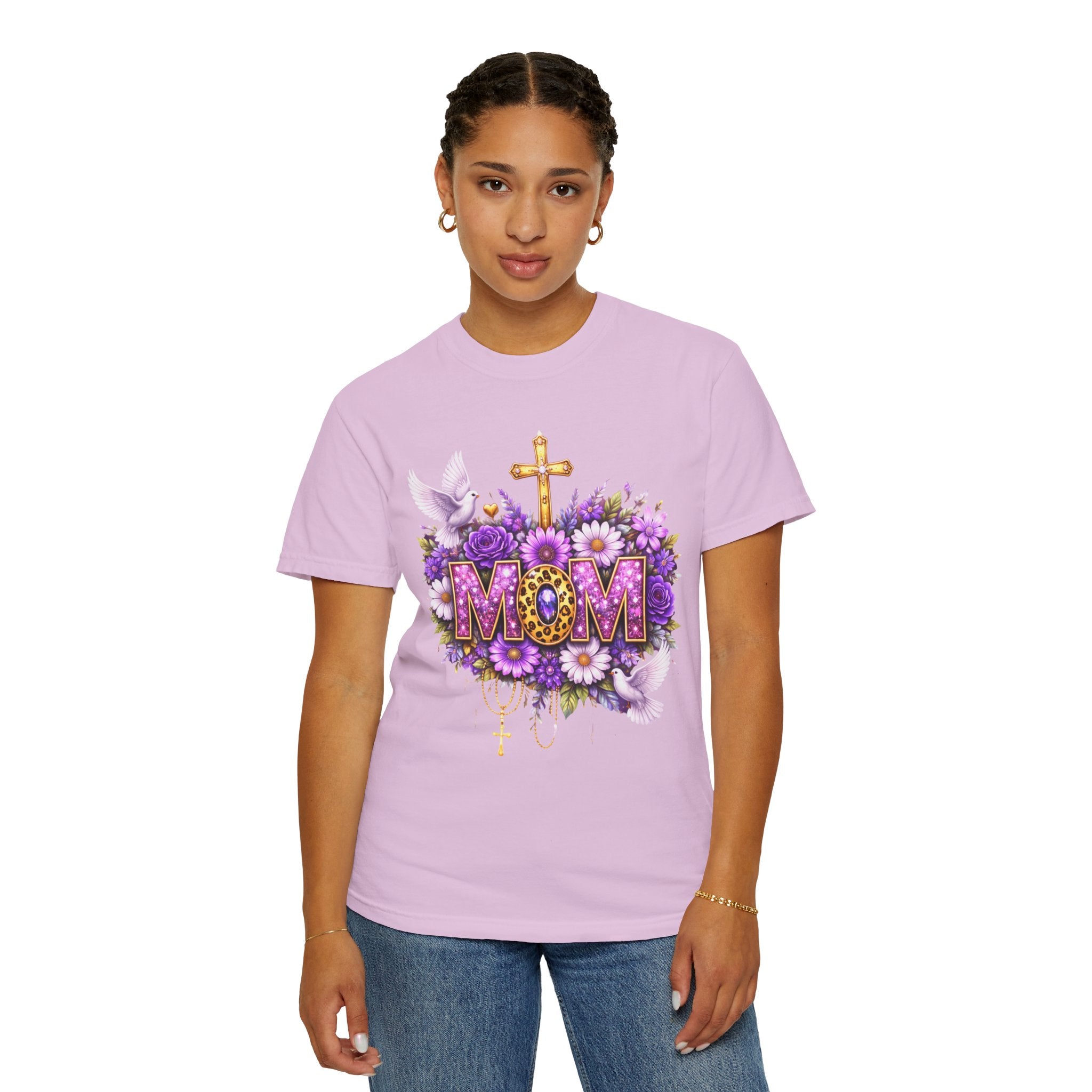 Mom Floral Cross T-Shirt — Purple Daisies & Dove Mother’s Day Tee