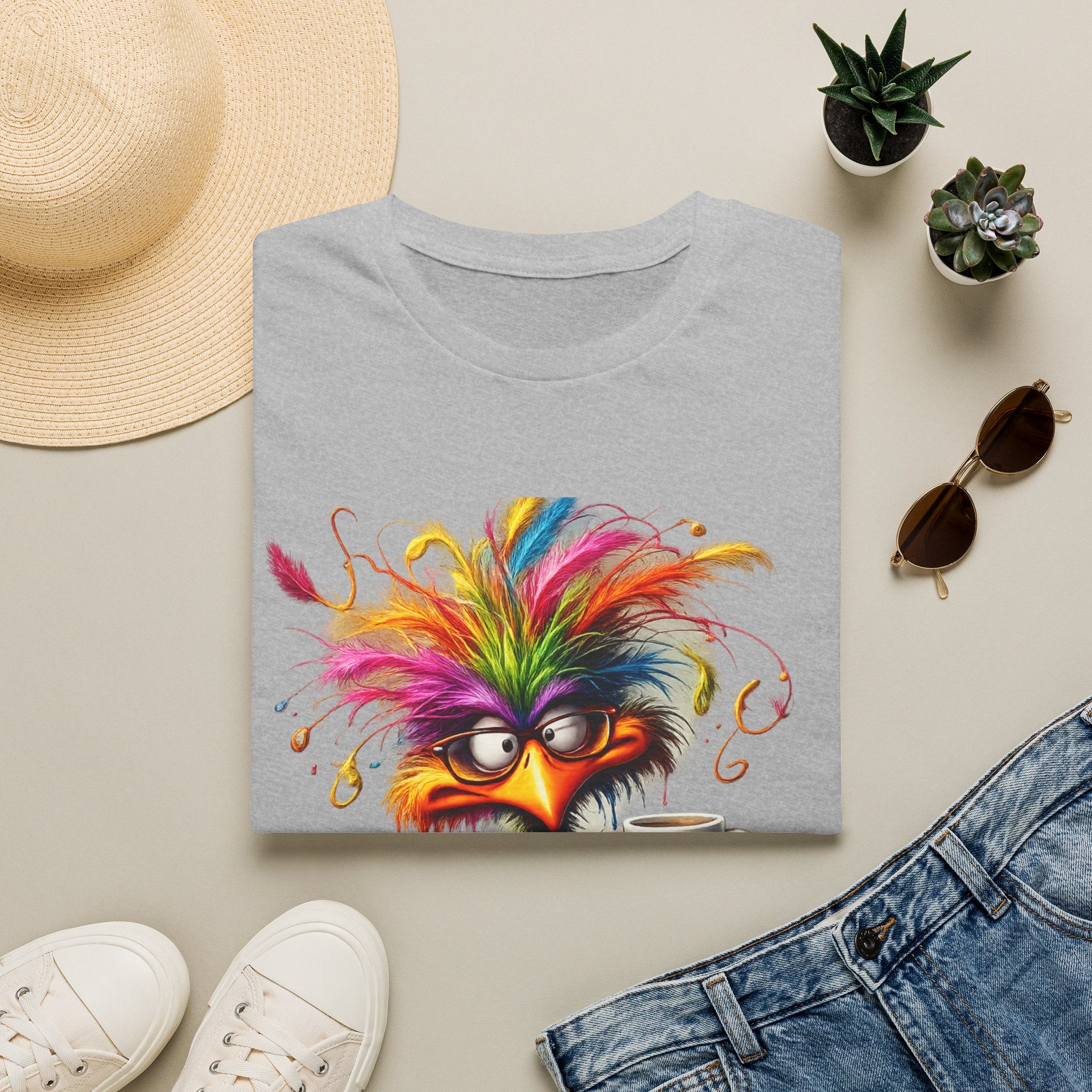 Colorful Grumpy Bird T-Shirt — Cute Moody Cartoon Tee with 'I'm Fine' Mug