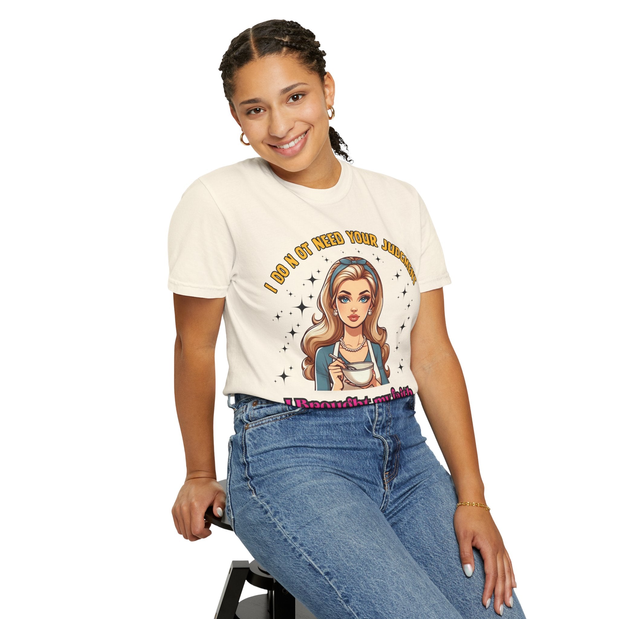 T-Shirt — 'I Don’t Need Your Judgment, I Brought My Faith' Retro Pop Art Graphic Tee