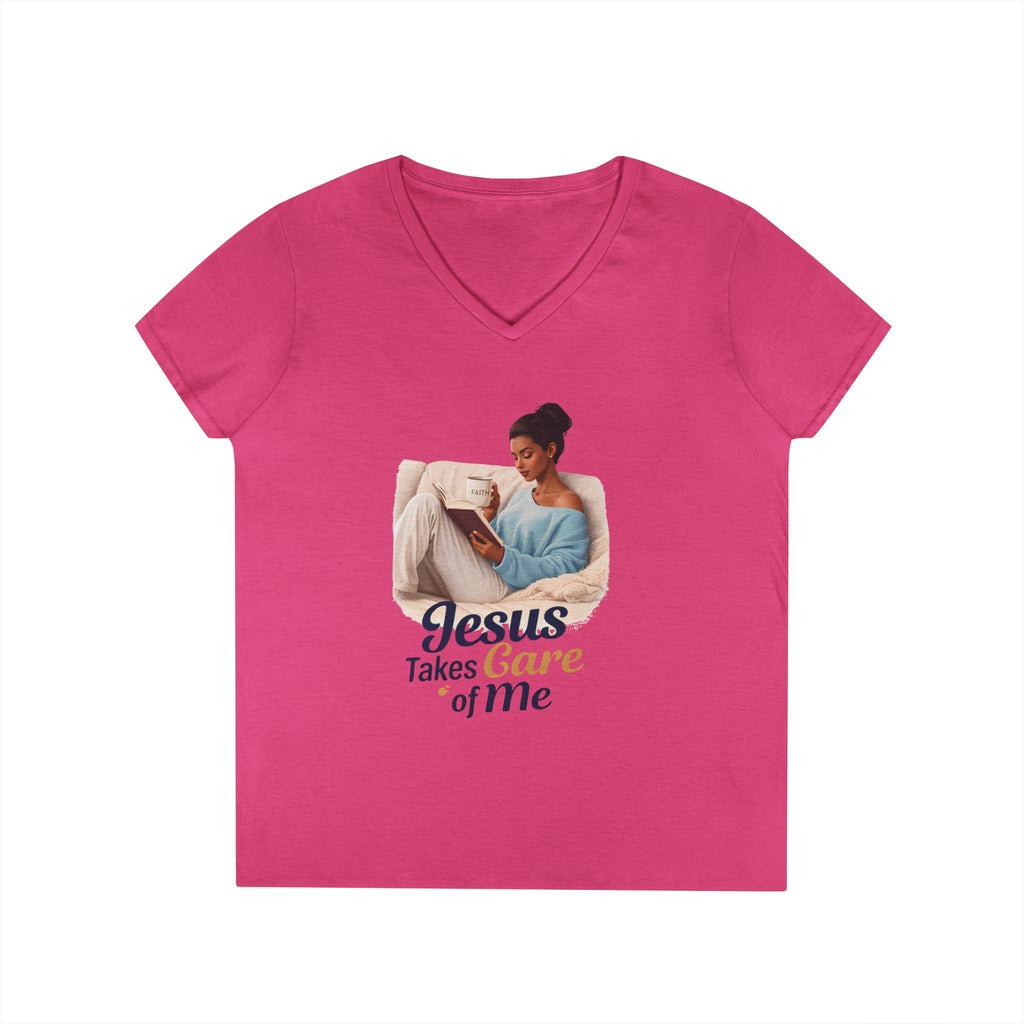 Jesus Takes Care Of Me V-Neck Tee — Christian Inspirational Women's Shirt