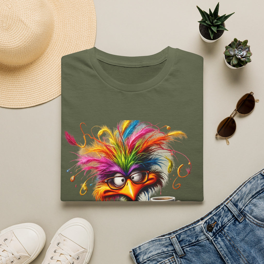 Colorful Grumpy Bird T-Shirt — Cute Moody Cartoon Tee with 'I'm Fine' Mug