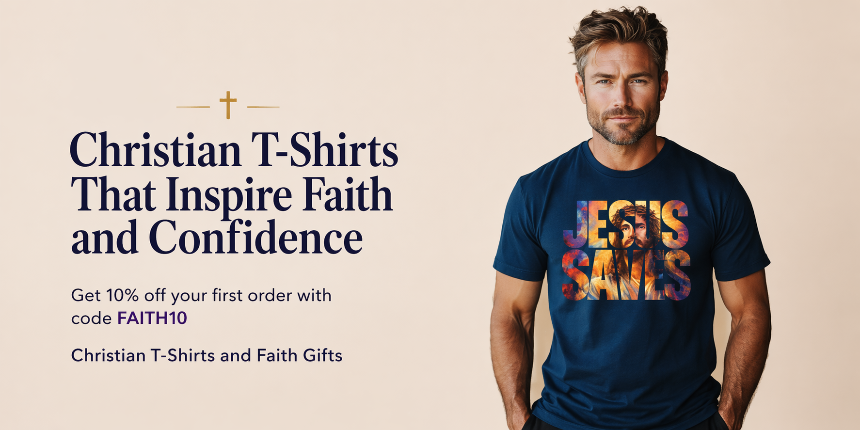 Man wearing a t-shirt with 'Jesus Saves' text, promotional text for Christian t-shirts on a beige background